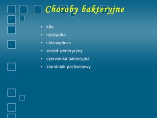 Choroby bakteryjne
• kiła
• rzeżączka
• chlamydioza
• wrzód weneryczny
• czerwonka bakteryjna
• ziarniniak pachwinowy
 