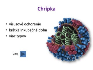Chrípka

• vírusové ochorenie
• krátka inkubačná doba
• viac typov



    video
 
