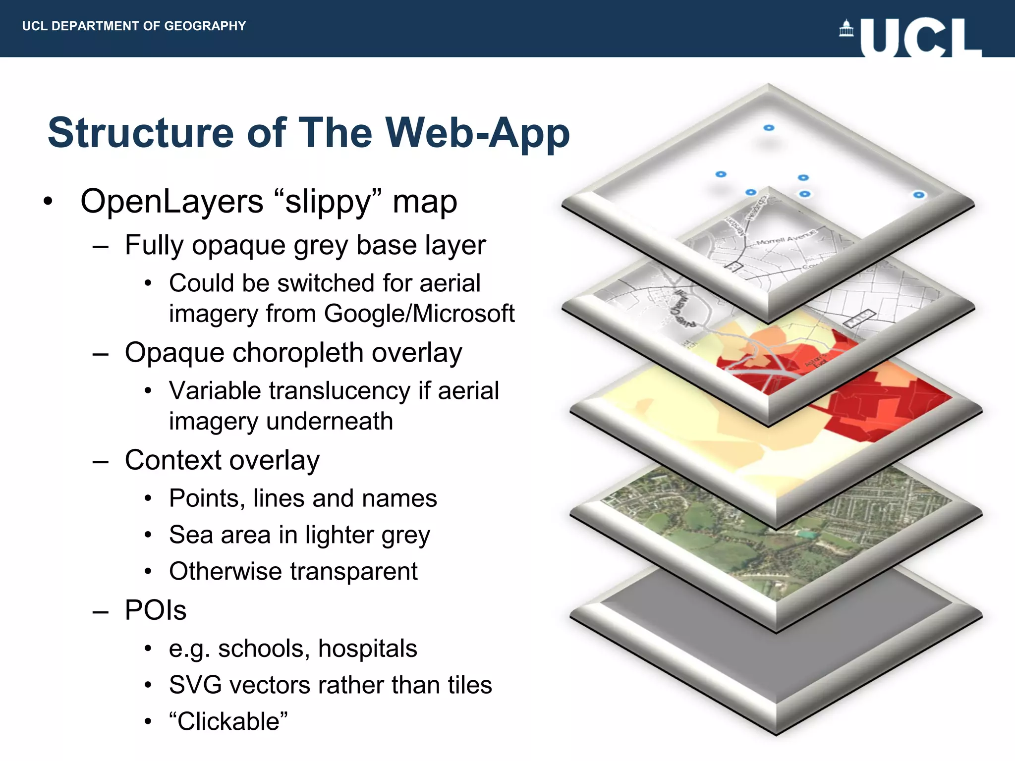 UCL DEPARTMENT OF GEOGRAPHY




  Structure of The Web-App
  • OpenLayers “slippy” map
        – Fully opaque grey base layer
              • Could be switched for aerial
                imagery from Google/Microsoft
        – Opaque choropleth overlay
              • Variable translucency if aerial
                imagery underneath
        – Context overlay
              • Points, lines and names
              • Sea area in lighter grey
              • Otherwise transparent
        – POIs
              • e.g. schools, hospitals
              • SVG vectors rather than tiles
              • “Clickable”
 