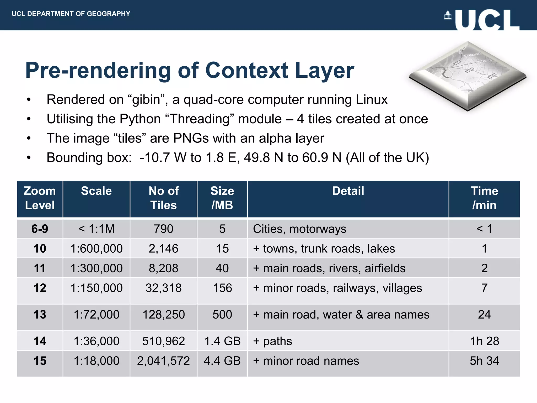 UCL DEPARTMENT OF GEOGRAPHY




  Pre-rendering of Context Layer
   •        Rendered on “gibin”, a quad-core computer running Linux
   •        Utilising the Python “Threading” module – 4 tiles created at once
   •        The image “tiles” are PNGs with an alpha layer
   •        Bounding box: -10.7 W to 1.8 E, 49.8 N to 60.9 N (All of the UK)

  Zoom           Scale         No of       Size                    Detail              Time
  Level                        Tiles       /MB                                         /min
       6-9       < 1:1M         790         5      Cities, motorways                    <1
       10      1:600,000       2,146       15      + towns, trunk roads, lakes          1
       11      1:300,000       8,208       40      + main roads, rivers, airfields      2
       12      1:150,000       32,318      156     + minor roads, railways, villages    7

       13       1:72,000      128,250      500     + main road, water & area names      24

       14       1:36,000      510,962     1.4 GB   + paths                             1h 28
       15       1:18,000      2,041,572   4.4 GB   + minor road names                  5h 34
 