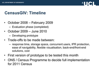 UCL DEPARTMENT OF GEOGRAPHY




  CensusGIV: Timeline

  • October 2008 – February 2009
        – Evaluation phase (completed)
  • October 2009 – June 2010
        – Developing prototype
  • Trade-offs to be made between:
        – response time, storage space, concurrent users, IPR protection,
          ease of navigability, flexible visualisation, back-end/front-end
          solutions, cost
  • First version of prototype to be tested this month
  • ONS / Census Programme to decide full implementation
    for 2011 Census
 
