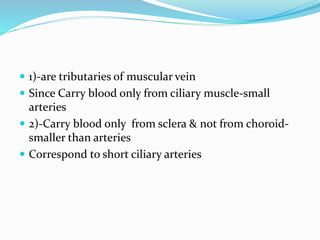  1)-are tributaries of muscular vein
 Since Carry blood only from ciliary muscle-small
arteries
 2)-Carry blood only from sclera & not from choroid-
smaller than arteries
 Correspond to short ciliary arteries
 