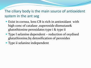 The ciliary body is the main source of antioxident
system in the ant seg
 Exist in cornea, lens CB is rich in antioxidant with
high conc of catalase ,superoxide dismutase&
glutothionine peroxidates type i & type ii
 Type I selanine dependent – reduction of oxydised
glutathionine,by detoxification of peroxides
 Type ii selanine independent
 