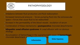 PATHOPHYSIOLOGY
• Imbalance between fluid production and fluid reabsorption
• Increased transmural pressure - forces pumping fluid into the extravascular
space > forces that cause fluid to be reabsorbed
• Increase in the permeability of the blood vessels : exudation of serum
• Combination of these mechanisms ( postoperative choroidal detachments)
• Idiopathic uveal effusion syndrome  uveal effusion with no obvious
etiology
• Accumulation of hemorrhage in the suprachoroidal space  hemorrhagic
choroidal detachment, e.g., after trauma or surgery
Globe Hypotony
Inflammation
 