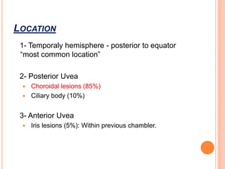 LOCATION
1- Temporaly hemisphere - posterior to equator
“most common location”
2- Posterior Uvea
 Choroidal lesions (85%)
 Ciliary body (10%)
3- Anterior Uvea
 Iris lesions (5%): Within previous chambler.
 