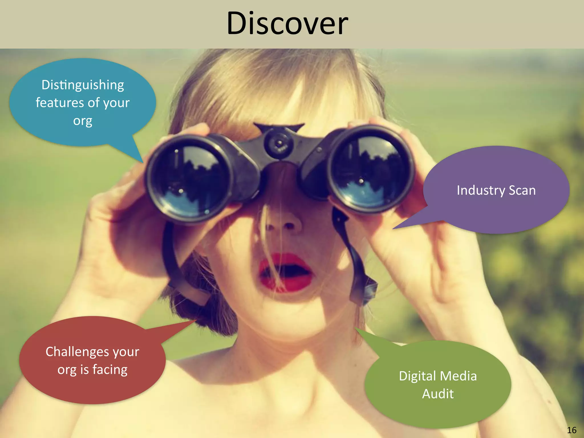 Discover
 Dis5nguishing	
  
features	
  of	
  your	
  
      org



                                                      Industry	
  Scan




  Challenges	
  your	
  
    org	
  is	
  facing                 Digital	
  Media	
  
                                            Audit

                                                                         16
 