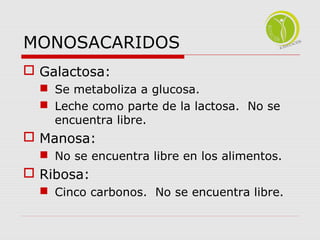MONOSACARIDOS 
 Galactosa: 
 Se metaboliza a glucosa. 
 Leche como parte de la lactosa. No se 
encuentra libre. 
 Manosa: 
 No se encuentra libre en los alimentos. 
 Ribosa: 
 Cinco carbonos. No se encuentra libre. 
 
