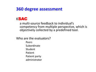 360 degree assessment
KSAC
a multi-source feedback to individual’s
competency from multiple perspective, which is
objectively collected by a predefined tool.
Who are the evaluators?
Peers
Subordinate
Student
Patient
Patient party
administrator
 