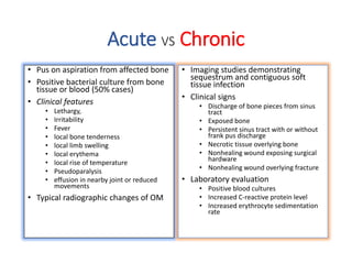 Acute VS Chronic
• Pus on aspiration from affected bone
• Positive bacterial culture from bone
tissue or blood (50% cases)
• Clinical features
• Lethargy,
• Irritability
• Fever
• local bone tenderness
• local limb swelling
• local erythema
• local rise of temperature
• Pseudoparalysis
• effusion in nearby joint or reduced
movements
• Typical radiographic changes of OM
• Imaging studies demonstrating
sequestrum and contiguous soft
tissue infection
• Clinical signs
• Discharge of bone pieces from sinus
tract
• Exposed bone
• Persistent sinus tract with or without
frank pus discharge
• Necrotic tissue overlying bone
• Nonhealing wound exposing surgical
hardware
• Nonhealing wound overlying fracture
• Laboratory evaluation
• Positive blood cultures
• Increased C-reactive protein level
• Increased erythrocyte sedimentation
rate
 