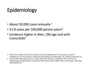 Epidemiology
• About 50,000 cases annually 1
• 21.8 cases per 100,000 person-years2
• Incidence higher in Men, Old age and with
Comorbids2
1. Rubin RJ, Harrington CA, Poon A, Dietrich K, Greene JA, Moiduddin A. The economic impact of
Staphylococcus aureus infection in New York City hospitals. Emerging Infect. Dis. 1999 Jan-Feb;5(1):9-17.
2. Kremers HM, Nwojo ME, Ransom JE, Wood-Wentz CM, Melton LJ, Huddleston PM. Trends in the
epidemiology of osteomyelitis: a population-based study, 1969 to 2009. J Bone Joint Surg Am. 2015 May
20;97(10):837-45.
 