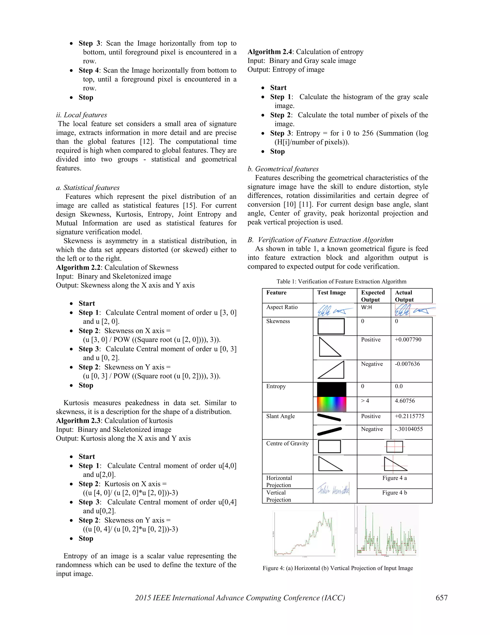 x Step 3: Scan the Image horizontally from top to
bottom, until foreground pixel is encountered in a
row.
x Step 4: Scan the Image horizontally from bottom to
top, until a foreground pixel is encountered in a
row.
x Stop
ii. Local features
The local feature set considers a small area of signature
image, extracts information in more detail and are precise
than the global features [12]. The computational time
required is high when compared to global features. They are
divided into two groups - statistical and geometrical
features.
a. Statistical features
Features which represent the pixel distribution of an
image are called as statistical features [15]. For current
design Skewness, Kurtosis, Entropy, Joint Entropy and
Mutual Information are used as statistical features for
signature verification model.
Skewness is asymmetry in a statistical distribution, in
which the data set appears distorted (or skewed) either to
the left or to the right.
Algorithm 2.2: Calculation of Skewness
Input: Binary and Skeletonized image
Output: Skewness along the X axis and Y axis
x Start
x Step 1: Calculate Central moment of order u [3, 0]
and u [2, 0].
x Step 2: Skewness on X axis =
(u [3, 0] / POW ((Square root (u [2, 0]))), 3)).
x Step 3: Calculate Central moment of order u [0, 3]
and u [0, 2].
x Step 2: Skewness on Y axis =
(u [0, 3] / POW ((Square root (u [0, 2]))), 3)).
x Stop
Kurtosis measures peakedness in data set. Similar to
skewness, it is a description for the shape of a distribution.
Algorithm 2.3: Calculation of kurtosis
Input: Binary and Skeletonized image
Output: Kurtosis along the X axis and Y axis
x Start
x Step 1: Calculate Central moment of order u[4,0]
and u[2,0].
x Step 2: Kurtosis on X axis =
((u [4, 0]/ (u [2, 0]*u [2, 0]))-3)
x Step 3: Calculate Central moment of order u[0,4]
and u[0,2].
x Step 2: Skewness on Y axis =
((u [0, 4]/ (u [0, 2]*u [0, 2]))-3)
x Stop
Entropy of an image is a scalar value representing the
randomness which can be used to define the texture of the
input image.
Algorithm 2.4: Calculation of entropy
Input: Binary and Gray scale image
Output: Entropy of image
x Start
x Step 1: Calculate the histogram of the gray scale
image.
x Step 2: Calculate the total number of pixels of the
image.
x Step 3: Entropy = for i 0 to 256 (Summation (log
(H[i]/number of pixels)).
x Stop
b. Geometrical features
Features describing the geometrical characteristics of the
signature image have the skill to endure distortion, style
differences, rotation dissimilarities and certain degree of
conversion [10] [11]. For current design base angle, slant
angle, Center of gravity, peak horizontal projection and
peak vertical projection is used.
B. Verification of Feature Extraction Algorithm
As shown in table 1, a known geometrical figure is feed
into feature extraction block and algorithm output is
compared to expected output for code verification.
Table 1: Verification of Feature Extraction Algorithm
Figure 4: (a) Horizontal (b) Vertical Projection of Input Image
Feature Test Image Expected
Output
Actual
Output
Aspect Ratio W:H
Skewness 0 0
Positive +0.007790
Negative -0.007636
Entropy 0 0.0
> 4 4.60756
Slant Angle Positive +0.2115775
Negative -.30104055
Centre of Gravity
Horizontal
Projection
Figure 4 a
Vertical
Projection
Figure 4 b
2015 IEEE International Advance Computing Conference (IACC) 657
 