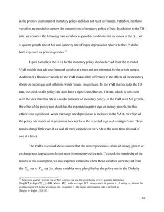 12
is the primary instrument of monetary policy and does not react to financial variables, but these
variables are needed to capture the transmission of monetary policy effects. In addition to the TB
rate, we consider the following two variables as possible candidates for inclusion in the 2,t
X set:
4-quarter growth rate of M2 and quarterly rate of rupee depreciation relative to the US dollar,
both expressed as percentage rates.13
Figure 6 displays the IRFs for the monetary policy shocks derived from the extended
VAR models that add one financial variable at a time and are estimated for the whole sample.
Addition of a financial variable to the VAR makes little difference to the effects of the monetary
shock on output gap and inflation, which remain insignificant. In the VAR that includes the TB
rate, the shock to the policy rate does have a significant effect on TB rate, which is consistent
with the view that this rate is a useful indicator of monetary policy. In the VAR with M2 growth,
the effect of the policy rate shock has the expected negative sign on money growth, but this
effect is not significant. When exchange rate depreciation is included in the VAR, the effect of
the policy rate shock on depreciation does not have the expected sign and is insignificant. These
results change little even if we add all three variables to the VAR at the same time (instead of
one at a time).
The VARs discussed above assume that the contemporaneous values of money growth or
exchange rate depreciation do not enter the monetary policy rule. To check the sensitivity of the
results to this assumption, we also explored variations where these variables were moved from
the 2,t
X set to 1,t
X set (i.e., these variables were placed before the policy rate in the Cholesky
13
Since one-quarter growth rate of M2 is noisy, we use the growth rate over 4 quarters defined as
4
[log( 2 ) log( 2 )] 100
t t
M M , where 2t
M is the average 2
M money stock in quarter t . Letting t
er denote the
average rupee/US dollar exchange rate in quarter t , the rupee depreciation rate is defined as
1
[log( ) log( )] 100
t t
er er .
 