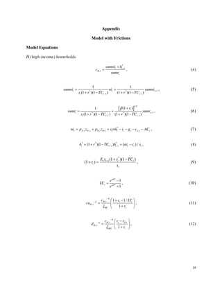 19
Appendix
Model with Frictions
Model Equations
H (high-income) households
*
1
,
t t
H t
t
sumni b
c
sumr
, (4)
1
* *
1 1
1 1
(1 )(1 ) (1 )(1 )
t t t
t t t
sumni ni sumni
s r TC r TC
, (5)
1/
1
* *
1 1
(1 )
1
(1 )(1 ) (1 )(1 )
t
t t
t t t
r
sumr sumr
s r TC r TC
, (6)
*
, , , , ,
t X t X t D t D t t t t t L t t
ni p z p z s rm i g c AC , (7)
* * *
1 1
(1 )(1 ) ( ) /
t t t t t t
b r TC b ni c s , (8)
*
1(1 )(1 )
(1 ) t t t t
t
t
E s r TC
r
s
, (9)
*
*
1
1
b
t b
e
TC
e
, (10)
,
,
1 1/
1
e
H t t t
H t
HC t
c r
cu
r
, (11)
, ,
,
1
H t t D t
H t
HD t
c r r
d
r
, (12)
 