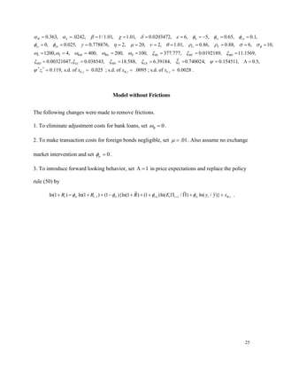 25
0.363, .0242, 1/1.01, 1.01, , 6, 5, 0.65, 0.1,
0, 0.025, , 2, 20, 2, 1.0
0.02034
1, 0.86, 0.88, 6, 10,
1200, 4, 400, 200, 100
72
0.778876
377.777 0
, ,
H L ir rr r
ry b G Y B
b I WH WL P BL HC
* *
, , ,
.0192189 11.1569,
0.00321047, 0.038543 18.588 6.39184 0.740024 0.154
,
, , , , , 0.5,
0.119, s.d. of 0.025 ; s.d. of .0095 ; s.d. of 0.002
511
8 .
BD
HD LC HN LN Y
t G t R t Y t
z x x x
Model without Frictions
The following changes were made to remove frictions.
1. To eliminate adjustment costs for bank loans, set 0
B .
2. To make transaction costs for foreign bonds negligible, set .01. Also assume no exchange
market intervention and set 0
ir .
3. To introduce forward looking behavior, set 1 in price expectations and replace the policy
rule (50) by
1 1 ,
ln(1 ) ln(1 ) (1 ){ln(1 ) (1 )ln( / ) ln( / )}
t rr t rr r t t ry t R t
R R R E y y x .
 