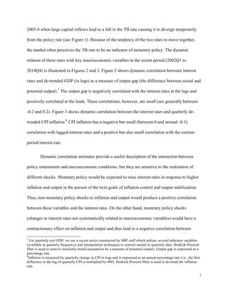7
2003-4 when large capital inflows lead to a fall in the TB rate causing it to diverge temporarily
from the policy rate (see Figure 1). Because of the tendency of the two rates to move together,
the market often perceives the TB rate to be an indicator of monetary policy. The dynamic
relation of these rates with key macroeconomic variables in the recent period (2002Q1 to
2014Q4) is illustrated in Figures 2 and 3. Figure 2 shows dynamic correlation between interest
rates and de-trended GDP (in logs) as a measure of output gap (the difference between actual and
potential output).7
The output gap is negatively correlated with the interest rates at the lags and
positively correlated at the leads. These correlations, however, are small (are generally between
-0.2 and 0.2). Figure 3 shows dynamic correlation between the interest rates and quarterly de-
trended CPI inflation.8
CPI inflation has a negative but small (between 0 and around -0.1)
correlation with lagged interest rates and a positive but also small correlation with the current-
period interest rate.
Dynamic correlation estimates provide a useful description of the interaction between
policy instruments and macroeconomic conditions, but they are sensitive to the realization of
different shocks. Monetary policy would be expected to raise interest rates in response to higher
inflation and output in the pursuit of the twin goals of inflation control and output stabilization.
Thus, non-monetary policy shocks to inflation and output would produce a positive correlation
between these variables and the interest rates. On the other hand, monetary policy shocks
(changes in interest rates not systematically related to macroeconomic variables) would have a
contractionary effect on inflation and output and thus lead to a negative correlation between
7
For quarterly real GDP, we use a recent series constructed by SBP staff which utilizes several indicator variables
(available at quarterly frequency) and interpolation techniques to convert annual to quarterly data. Hodrick-Prescott
filter is used to remove stochastic trend (assumed to be a measure of potential output). Output gap is expressed as a
percentage rate.
8
Inflation is measured by quarterly change in CPI in logs and is expressed as an annual percentage rate (i.e., the first
difference in the log of quarterly CPI is multiplied by 400). Hodrick-Prescott filter is used to de-trend the inflation
rate.
 