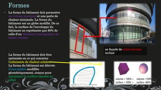 • La forme du bâtiment doit permettre
un volume maximal et une perte de
chaleur minimale. La forme du
bâtiment est un globe modifié. De ce
fait, la surface de l'enveloppe du
bâtiment ne représente que 80% de
celle d'un bâtiment rectangulaire de
même volume.
La forme du bâtiment doit être
optimisée en ce qui concerne
l'admission de chaleur solaire.
La forme du bâtiment est dérivée
d'une sphère modifiée
géométriquement, conçue pour
minimiser la surface exposée au
soleil
Formes
sa façade de verre énorme
incliné
 