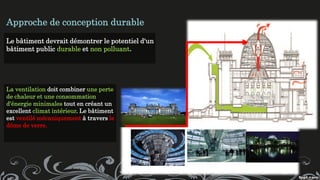 Approche de conception durable
Le bâtiment devrait démontrer le potentiel d'un
bâtiment public durable et non polluant.
La ventilation doit combiner une perte
de chaleur et une consommation
d'énergie minimales tout en créant un
excellent climat intérieur. Le bâtiment
est ventilé mécaniquement à travers le
dôme de verre.
 