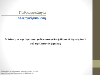 Παθοφυσιολογία
Αλλεργικήυπόθεση
Βελτίωση με την αφαίρεση γαλακτοκομικών ή άλλων αλλεργιογόνων
από τη δίαιτα της μητέρας
Pumberger et al, Postgrad Med J. 2001 Apr; 77(906): 252–254.
Lucarelli S et al, BMC Gastroenterol. 2011 Jul 16;11:82
 