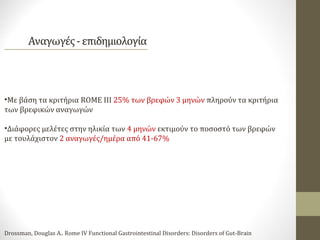 •Με βάση τα κριτήρια ROME III 25% των βρεφών 3 μηνών πληρούν τα κριτήρια
των βρεφικών αναγωγών
•Διάφορες μελέτες στην ηλικία των 4 μηνών εκτιμούν το ποσοστό των βρεφών
με τουλάχιστον 2 αναγωγές/ημέρα από 41-67%
Drossman, Douglas A.. Rome IV Functional Gastrointestinal Disorders: Disorders of Gut-Brain
 