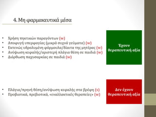 • Χρήση πηκτικών παραγόντων (w)
• Αποφυγή υπερφαγίας (μικρά συχνά γεύματα) (w)
• Εκτενώς υδρολυμένη φόρμουλα/δίαιτα της μητέρας (w)
• Ανύψωση κεφαλής/αριστερή πλάγια θέση σε παιδιά (w)
• Διόρθωση παχυσαρκίας σε παιδιά (w)
• Πλάγια/πρηνή θέση/ανύψωση κεφαλής στα βρέφη (s)
• Προβιοτικά, πρεβιοτικά, «εναλλακτικές θεραπείες» (w)
Έχουν
θεραπευτική αξία
Δεν έχουν
θεραπευτική αξία
 