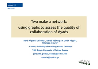 Two make a network: 
using graphs to assess the quality of 
collaboration of dyads 
Irene-Angelica Chounta1, Tobias Hecking1, H. Ulrich Hoppe1, 
Nikolaos Avouris2 
1Collide, University of Duisburg-Essen, Germany 
2HCI Group, University of Patras, Greece 
{chounta, giemza, hoppe}@collide.info 
avouris@upatras.gr 
 