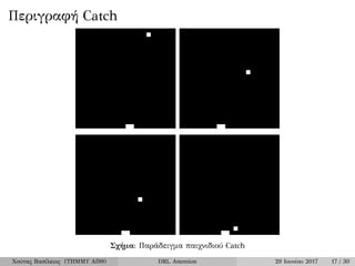 Περιγραφή Catch
Σχήμα: Παράδειγμα παιχνιδιού Catch
Χούτας Βασίλειος (ΤΗΜΜΥ ΑΠΘ) DRL Attention 29 Ιουνίου 2017 17 / 30
 