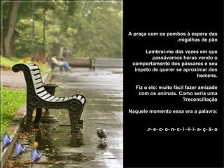 A praça com os pombos à espera das migalhas de pão. Lembrei-me das vezes em que passávamos horas vendo o comportamento dos pássaros e seu ímpeto de querer se aproximar dos homens. Fiz o elo: muito fácil fazer amizade com os animais. Como seria uma reconciliação? Naquele momento essa era a palavra:  r- e- c- o- n- c- i –l- i- a- ç- ã- o. 