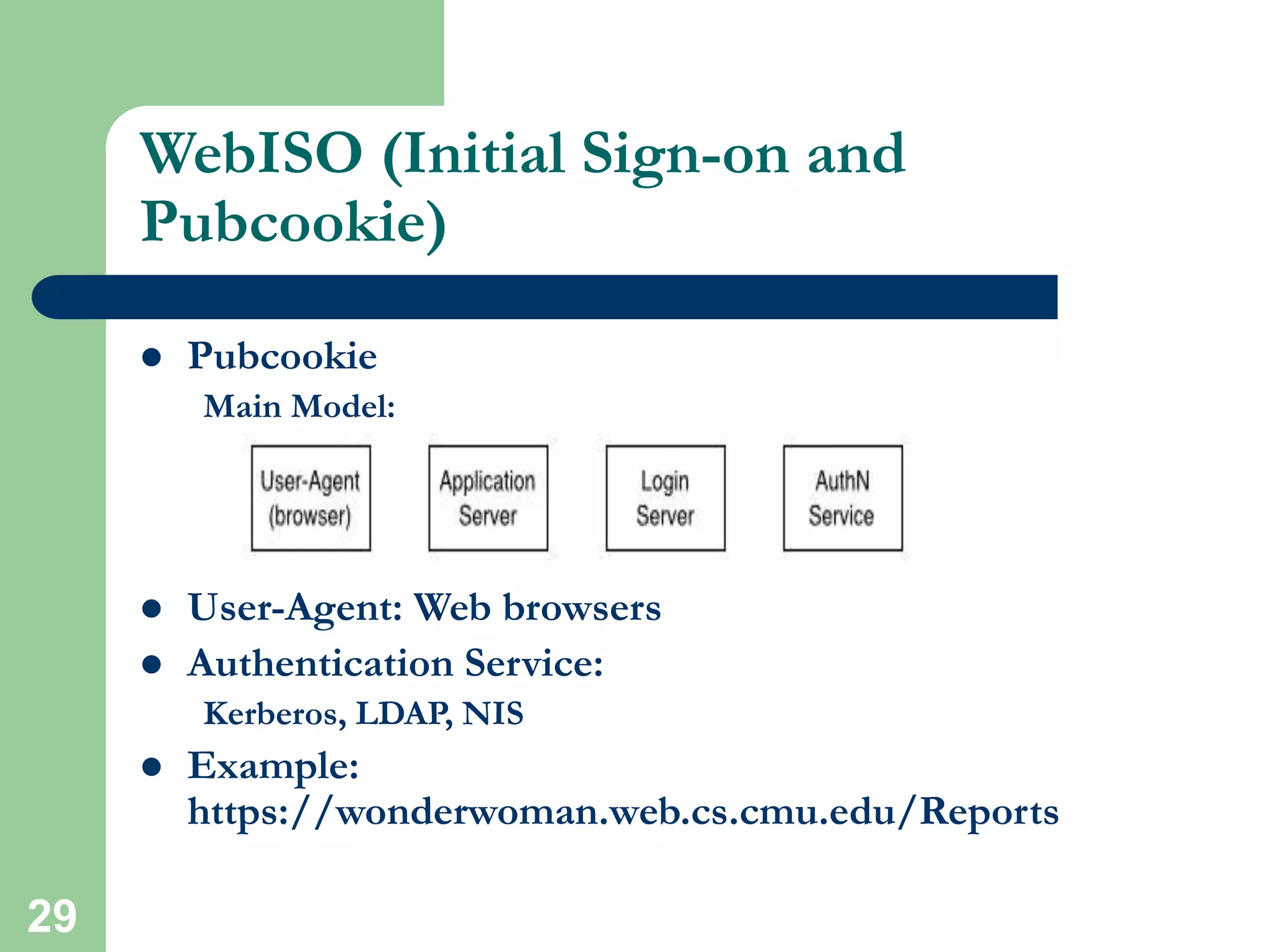 29
WebISO (Initial Sign-on and
Pubcookie)
 Pubcookie
Main Model:
 User-Agent: Web browsers
 Authentication Service:
Kerberos, LDAP, NIS
 Example:
https://wonderwoman.web.cs.cmu.edu/Reports
 