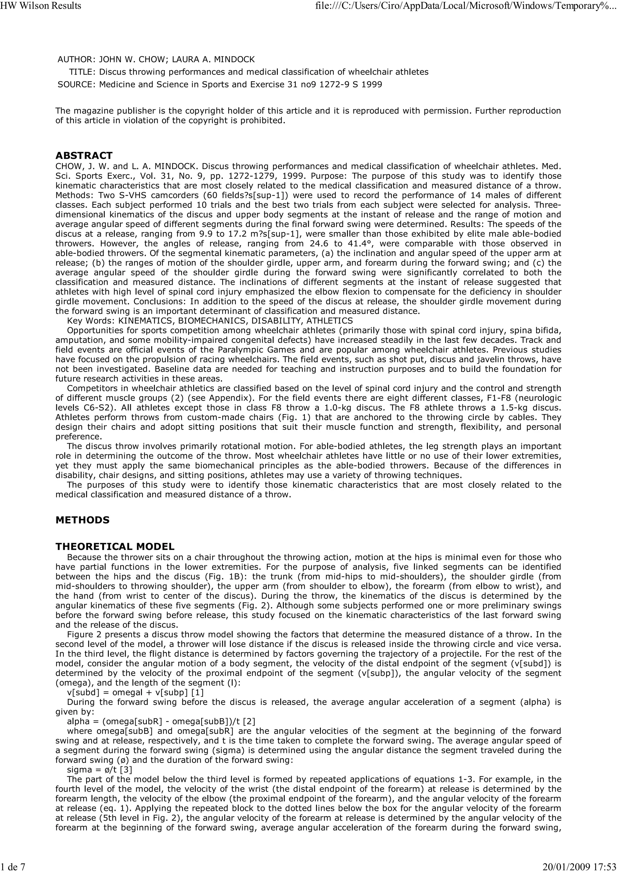 Discus Throwing Performances And Medical Classification Of Wheelchair 