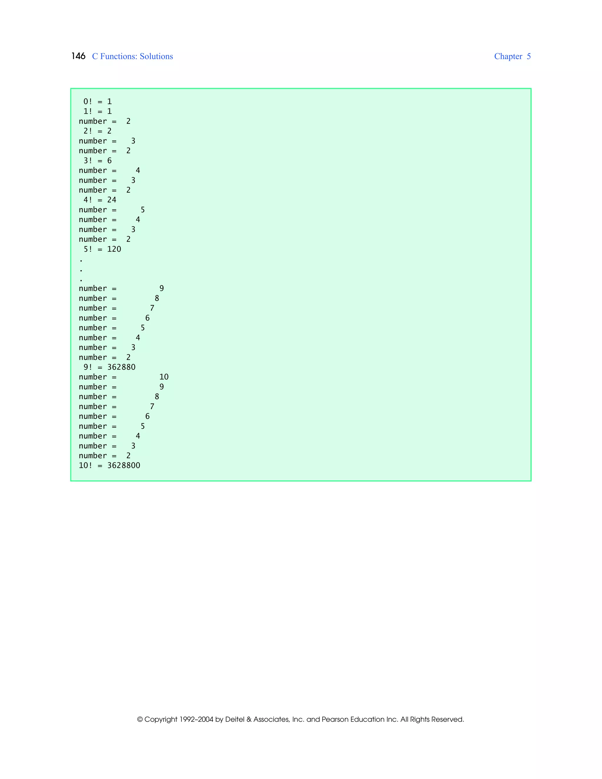 146 C Functions: Solutions Chapter 5
© Copyright 1992–2004 by Deitel & Associates, Inc. and Pearson Education Inc. All Rights Reserved.
0! = 1
1! = 1
number = 2
2! = 2
number = 3
number = 2
3! = 6
number = 4
number = 3
number = 2
4! = 24
number = 5
number = 4
number = 3
number = 2
5! = 120
.
.
.
number = 9
number = 8
number = 7
number = 6
number = 5
number = 4
number = 3
number = 2
9! = 362880
number = 10
number = 9
number = 8
number = 7
number = 6
number = 5
number = 4
number = 3
number = 2
10! = 3628800
 