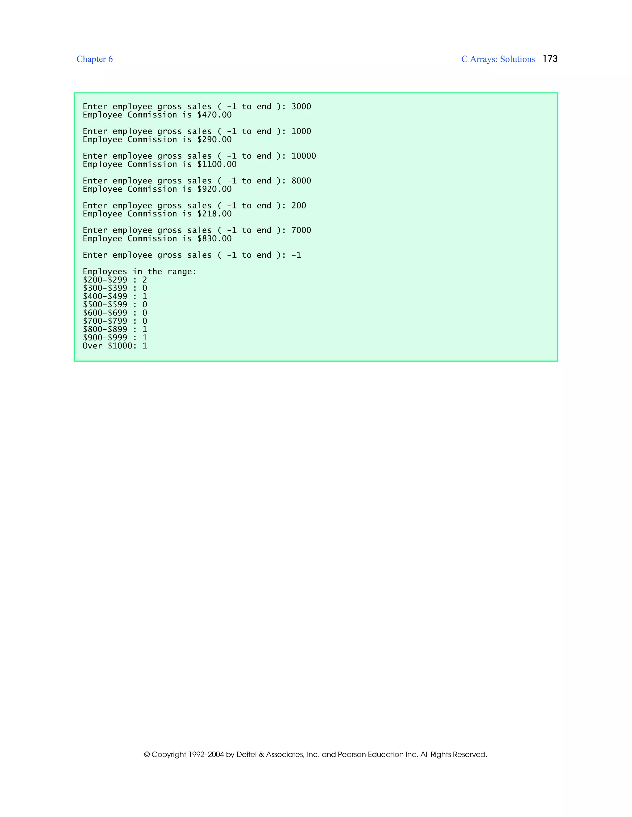 Chapter 6 C Arrays: Solutions 173
© Copyright 1992–2004 by Deitel & Associates, Inc. and Pearson Education Inc. All Rights Reserved.
Enter employee gross sales ( -1 to end ): 3000
Employee Commission is $470.00
Enter employee gross sales ( -1 to end ): 1000
Employee Commission is $290.00
Enter employee gross sales ( -1 to end ): 10000
Employee Commission is $1100.00
Enter employee gross sales ( -1 to end ): 8000
Employee Commission is $920.00
Enter employee gross sales ( -1 to end ): 200
Employee Commission is $218.00
Enter employee gross sales ( -1 to end ): 7000
Employee Commission is $830.00
Enter employee gross sales ( -1 to end ): -1
Employees in the range:
$200-$299 : 2
$300-$399 : 0
$400-$499 : 1
$500-$599 : 0
$600-$699 : 0
$700-$799 : 0
$800-$899 : 1
$900-$999 : 1
Over $1000: 1
 