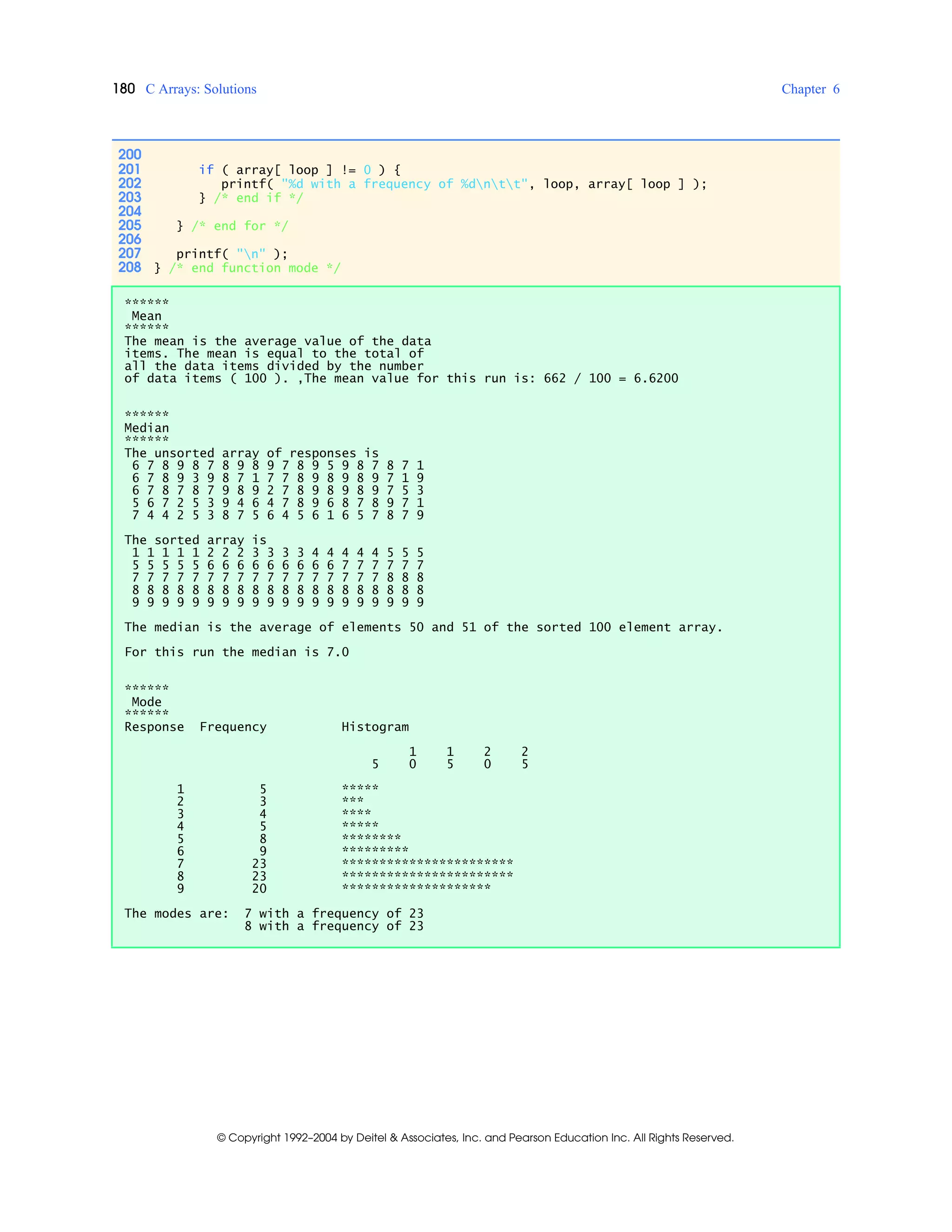 180 C Arrays: Solutions Chapter 6
© Copyright 1992–2004 by Deitel & Associates, Inc. and Pearson Education Inc. All Rights Reserved.
200
201 if ( array[ loop ] != 0 ) {
202 printf( "%d with a frequency of %dntt", loop, array[ loop ] );
203 } /* end if */
204
205 } /* end for */
206
207 printf( "n" );
208 } /* end function mode */
******
Mean
******
The mean is the average value of the data
items. The mean is equal to the total of
all the data items divided by the number
of data items ( 100 ). ,The mean value for this run is: 662 / 100 = 6.6200
******
Median
******
The unsorted array of responses is
6 7 8 9 8 7 8 9 8 9 7 8 9 5 9 8 7 8 7 1
6 7 8 9 3 9 8 7 1 7 7 8 9 8 9 8 9 7 1 9
6 7 8 7 8 7 9 8 9 2 7 8 9 8 9 8 9 7 5 3
5 6 7 2 5 3 9 4 6 4 7 8 9 6 8 7 8 9 7 1
7 4 4 2 5 3 8 7 5 6 4 5 6 1 6 5 7 8 7 9
The sorted array is
1 1 1 1 1 2 2 2 3 3 3 3 4 4 4 4 4 5 5 5
5 5 5 5 5 6 6 6 6 6 6 6 6 6 7 7 7 7 7 7
7 7 7 7 7 7 7 7 7 7 7 7 7 7 7 7 7 8 8 8
8 8 8 8 8 8 8 8 8 8 8 8 8 8 8 8 8 8 8 8
9 9 9 9 9 9 9 9 9 9 9 9 9 9 9 9 9 9 9 9
The median is the average of elements 50 and 51 of the sorted 100 element array.
For this run the median is 7.0
******
Mode
******
Response Frequency Histogram
1 1 2 2
5 0 5 0 5
1 5 *****
2 3 ***
3 4 ****
4 5 *****
5 8 ********
6 9 *********
7 23 ***********************
8 23 ***********************
9 20 ********************
The modes are: 7 with a frequency of 23
8 with a frequency of 23
 
