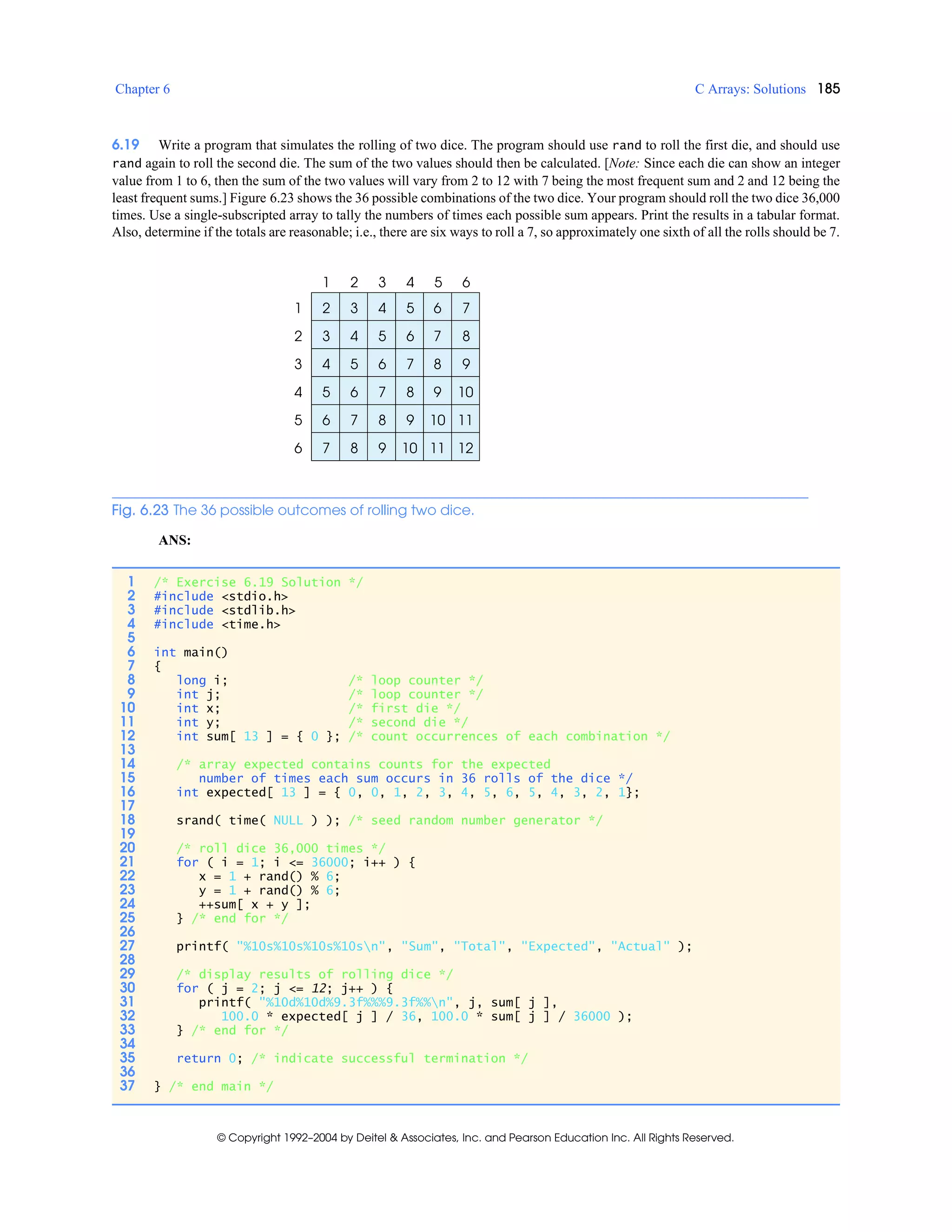 Chapter 6 C Arrays: Solutions 185
© Copyright 1992–2004 by Deitel & Associates, Inc. and Pearson Education Inc. All Rights Reserved.
6.19 Write a program that simulates the rolling of two dice. The program should use rand to roll the first die, and should use
rand again to roll the second die. The sum of the two values should then be calculated. [Note: Since each die can show an integer
value from 1 to 6, then the sum of the two values will vary from 2 to 12 with 7 being the most frequent sum and 2 and 12 being the
least frequent sums.] Figure 6.23 shows the 36 possible combinations of the two dice. Your program should roll the two dice 36,000
times. Use a single-subscripted array to tally the numbers of times each possible sum appears. Print the results in a tabular format.
Also, determine if the totals are reasonable; i.e., there are six ways to roll a 7, so approximately one sixth of all the rolls should be 7.
Fig. 6.23 The 36 possible outcomes of rolling two dice.
ANS:
1 /* Exercise 6.19 Solution */
2 #include <stdio.h>
3 #include <stdlib.h>
4 #include <time.h>
5
6 int main()
7 {
8 long i; /* loop counter */
9 int j; /* loop counter */
10 int x; /* first die */
11 int y; /* second die */
12 int sum[ 13 ] = { 0 }; /* count occurrences of each combination */
13
14 /* array expected contains counts for the expected
15 number of times each sum occurs in 36 rolls of the dice */
16 int expected[ 13 ] = { 0, 0, 1, 2, 3, 4, 5, 6, 5, 4, 3, 2, 1};
17
18 srand( time( NULL ) ); /* seed random number generator */
19
20 /* roll dice 36,000 times */
21 for ( i = 1; i <= 36000; i++ ) {
22 x = 1 + rand() % 6;
23 y = 1 + rand() % 6;
24 ++sum[ x + y ];
25 } /* end for */
26
27 printf( "%10s%10s%10s%10sn", "Sum", "Total", "Expected", "Actual" );
28
29 /* display results of rolling dice */
30 for ( j = 2; j <= 12; j++ ) {
31 printf( "%10d%10d%9.3f%%%9.3f%%n", j, sum[ j ],
32 100.0 * expected[ j ] / 36, 100.0 * sum[ j ] / 36000 );
33 } /* end for */
34
35 return 0; /* indicate successful termination */
36
37 } /* end main */
1 2 3 4 5 6
1
2
3
4
5
6
876543
765432
1098765
987654
987
6 7 8
10
9 10 11
11 12
 