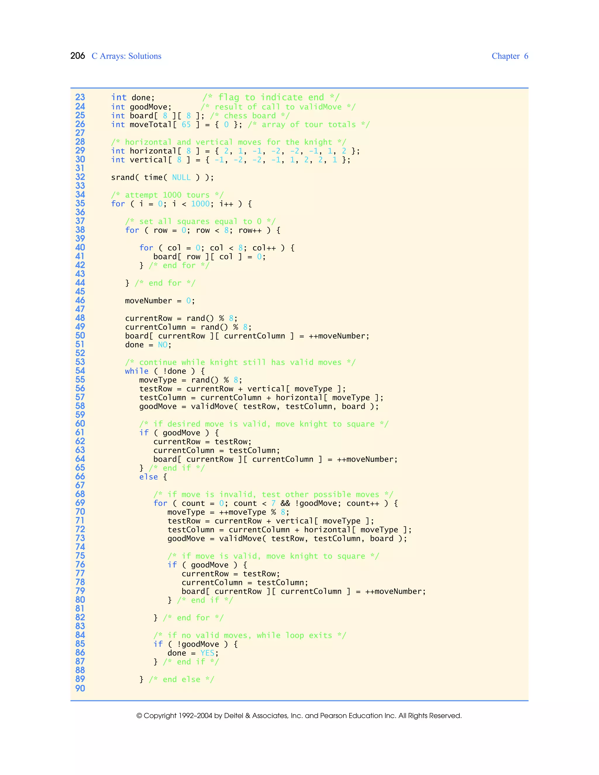 206 C Arrays: Solutions Chapter 6
© Copyright 1992–2004 by Deitel & Associates, Inc. and Pearson Education Inc. All Rights Reserved.
23 int done; /* flag to indicate end */
24 int goodMove; /* result of call to validMove */
25 int board[ 8 ][ 8 ]; /* chess board */
26 int moveTotal[ 65 ] = { 0 }; /* array of tour totals */
27
28 /* horizontal and vertical moves for the knight */
29 int horizontal[ 8 ] = { 2, 1, -1, -2, -2, -1, 1, 2 };
30 int vertical[ 8 ] = { -1, -2, -2, -1, 1, 2, 2, 1 };
31
32 srand( time( NULL ) );
33
34 /* attempt 1000 tours */
35 for ( i = 0; i < 1000; i++ ) {
36
37 /* set all squares equal to 0 */
38 for ( row = 0; row < 8; row++ ) {
39
40 for ( col = 0; col < 8; col++ ) {
41 board[ row ][ col ] = 0;
42 } /* end for */
43
44 } /* end for */
45
46 moveNumber = 0;
47
48 currentRow = rand() % 8;
49 currentColumn = rand() % 8;
50 board[ currentRow ][ currentColumn ] = ++moveNumber;
51 done = NO;
52
53 /* continue while knight still has valid moves */
54 while ( !done ) {
55 moveType = rand() % 8;
56 testRow = currentRow + vertical[ moveType ];
57 testColumn = currentColumn + horizontal[ moveType ];
58 goodMove = validMove( testRow, testColumn, board );
59
60 /* if desired move is valid, move knight to square */
61 if ( goodMove ) {
62 currentRow = testRow;
63 currentColumn = testColumn;
64 board[ currentRow ][ currentColumn ] = ++moveNumber;
65 } /* end if */
66 else {
67
68 /* if move is invalid, test other possible moves */
69 for ( count = 0; count < 7 && !goodMove; count++ ) {
70 moveType = ++moveType % 8;
71 testRow = currentRow + vertical[ moveType ];
72 testColumn = currentColumn + horizontal[ moveType ];
73 goodMove = validMove( testRow, testColumn, board );
74
75 /* if move is valid, move knight to square */
76 if ( goodMove ) {
77 currentRow = testRow;
78 currentColumn = testColumn;
79 board[ currentRow ][ currentColumn ] = ++moveNumber;
80 } /* end if */
81
82 } /* end for */
83
84 /* if no valid moves, while loop exits */
85 if ( !goodMove ) {
86 done = YES;
87 } /* end if */
88
89 } /* end else */
90
 