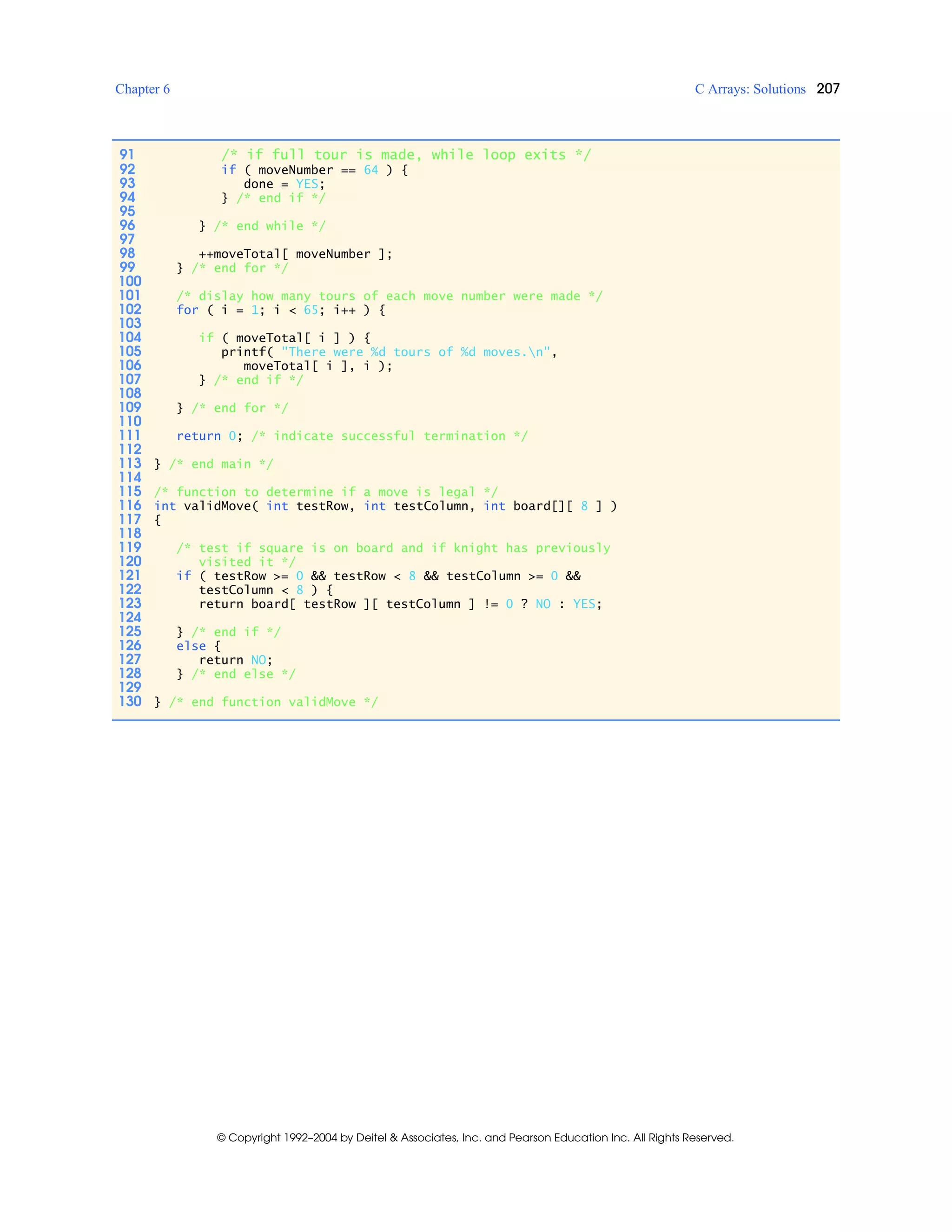 Chapter 6 C Arrays: Solutions 207
© Copyright 1992–2004 by Deitel & Associates, Inc. and Pearson Education Inc. All Rights Reserved.
91 /* if full tour is made, while loop exits */
92 if ( moveNumber == 64 ) {
93 done = YES;
94 } /* end if */
95
96 } /* end while */
97
98 ++moveTotal[ moveNumber ];
99 } /* end for */
100
101 /* dislay how many tours of each move number were made */
102 for ( i = 1; i < 65; i++ ) {
103
104 if ( moveTotal[ i ] ) {
105 printf( "There were %d tours of %d moves.n",
106 moveTotal[ i ], i );
107 } /* end if */
108
109 } /* end for */
110
111 return 0; /* indicate successful termination */
112
113 } /* end main */
114
115 /* function to determine if a move is legal */
116 int validMove( int testRow, int testColumn, int board[][ 8 ] )
117 {
118
119 /* test if square is on board and if knight has previously
120 visited it */
121 if ( testRow >= 0 && testRow < 8 && testColumn >= 0 &&
122 testColumn < 8 ) {
123 return board[ testRow ][ testColumn ] != 0 ? NO : YES;
124
125 } /* end if */
126 else {
127 return NO;
128 } /* end else */
129
130 } /* end function validMove */
 