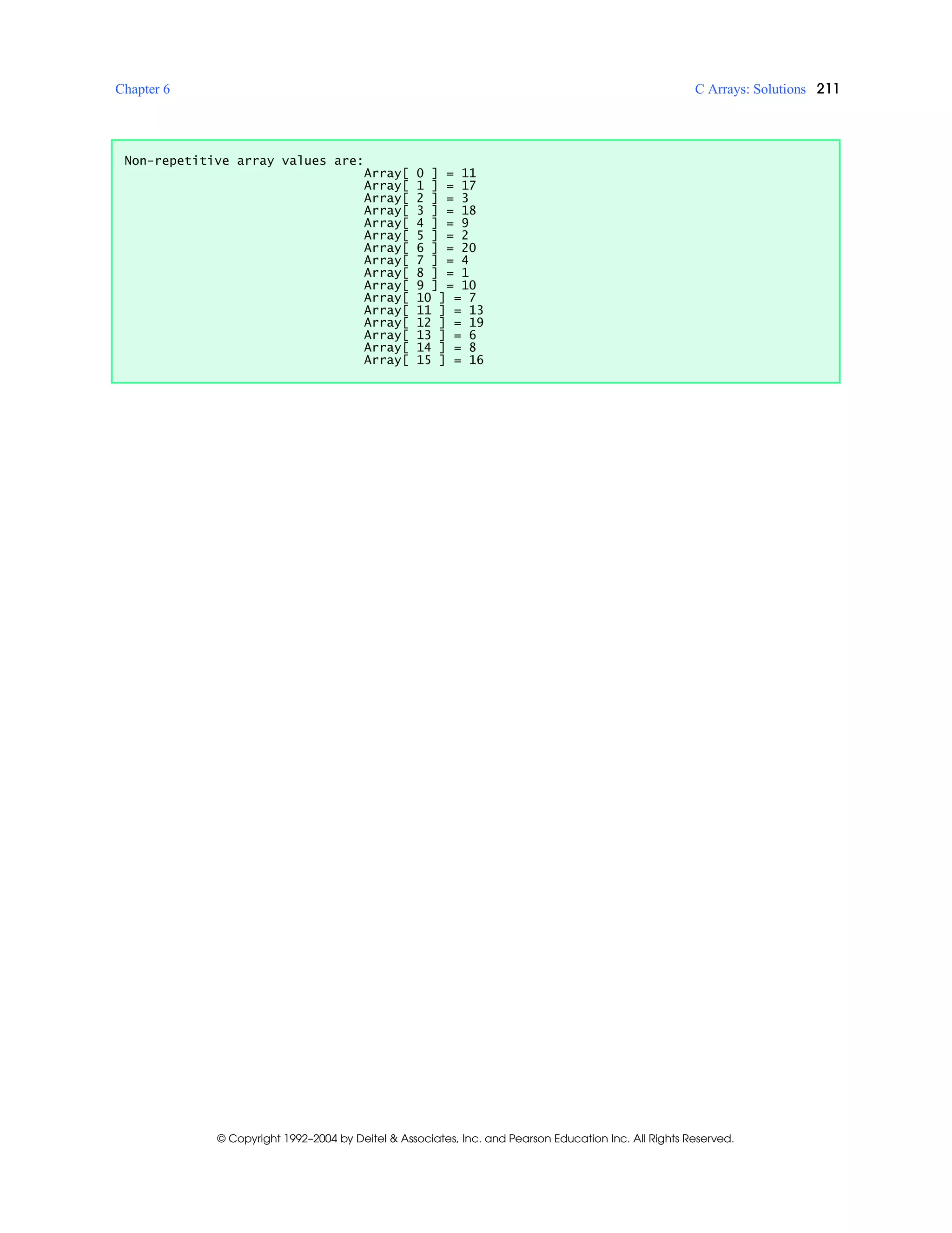 Chapter 6 C Arrays: Solutions 211
© Copyright 1992–2004 by Deitel & Associates, Inc. and Pearson Education Inc. All Rights Reserved.
Non-repetitive array values are:
Array[ 0 ] = 11
Array[ 1 ] = 17
Array[ 2 ] = 3
Array[ 3 ] = 18
Array[ 4 ] = 9
Array[ 5 ] = 2
Array[ 6 ] = 20
Array[ 7 ] = 4
Array[ 8 ] = 1
Array[ 9 ] = 10
Array[ 10 ] = 7
Array[ 11 ] = 13
Array[ 12 ] = 19
Array[ 13 ] = 6
Array[ 14 ] = 8
Array[ 15 ] = 16
 