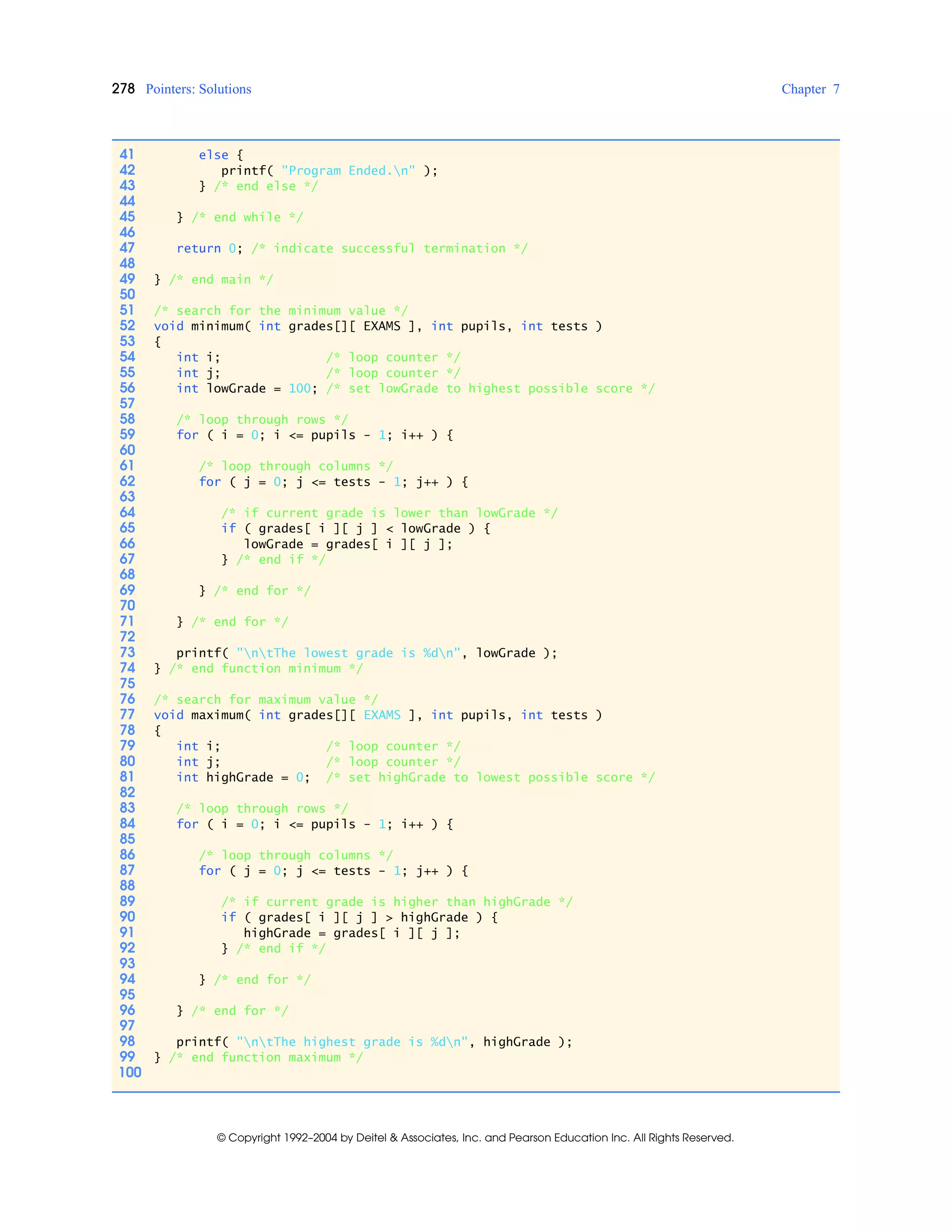 278 Pointers: Solutions Chapter 7
© Copyright 1992–2004 by Deitel & Associates, Inc. and Pearson Education Inc. All Rights Reserved.
41 else {
42 printf( "Program Ended.n" );
43 } /* end else */
44
45 } /* end while */
46
47 return 0; /* indicate successful termination */
48
49 } /* end main */
50
51 /* search for the minimum value */
52 void minimum( int grades[][ EXAMS ], int pupils, int tests )
53 {
54 int i; /* loop counter */
55 int j; /* loop counter */
56 int lowGrade = 100; /* set lowGrade to highest possible score */
57
58 /* loop through rows */
59 for ( i = 0; i <= pupils - 1; i++ ) {
60
61 /* loop through columns */
62 for ( j = 0; j <= tests - 1; j++ ) {
63
64 /* if current grade is lower than lowGrade */
65 if ( grades[ i ][ j ] < lowGrade ) {
66 lowGrade = grades[ i ][ j ];
67 } /* end if */
68
69 } /* end for */
70
71 } /* end for */
72
73 printf( "ntThe lowest grade is %dn", lowGrade );
74 } /* end function minimum */
75
76 /* search for maximum value */
77 void maximum( int grades[][ EXAMS ], int pupils, int tests )
78 {
79 int i; /* loop counter */
80 int j; /* loop counter */
81 int highGrade = 0; /* set highGrade to lowest possible score */
82
83 /* loop through rows */
84 for ( i = 0; i <= pupils - 1; i++ ) {
85
86 /* loop through columns */
87 for ( j = 0; j <= tests - 1; j++ ) {
88
89 /* if current grade is higher than highGrade */
90 if ( grades[ i ][ j ] > highGrade ) {
91 highGrade = grades[ i ][ j ];
92 } /* end if */
93
94 } /* end for */
95
96 } /* end for */
97
98 printf( "ntThe highest grade is %dn", highGrade );
99 } /* end function maximum */
100
 