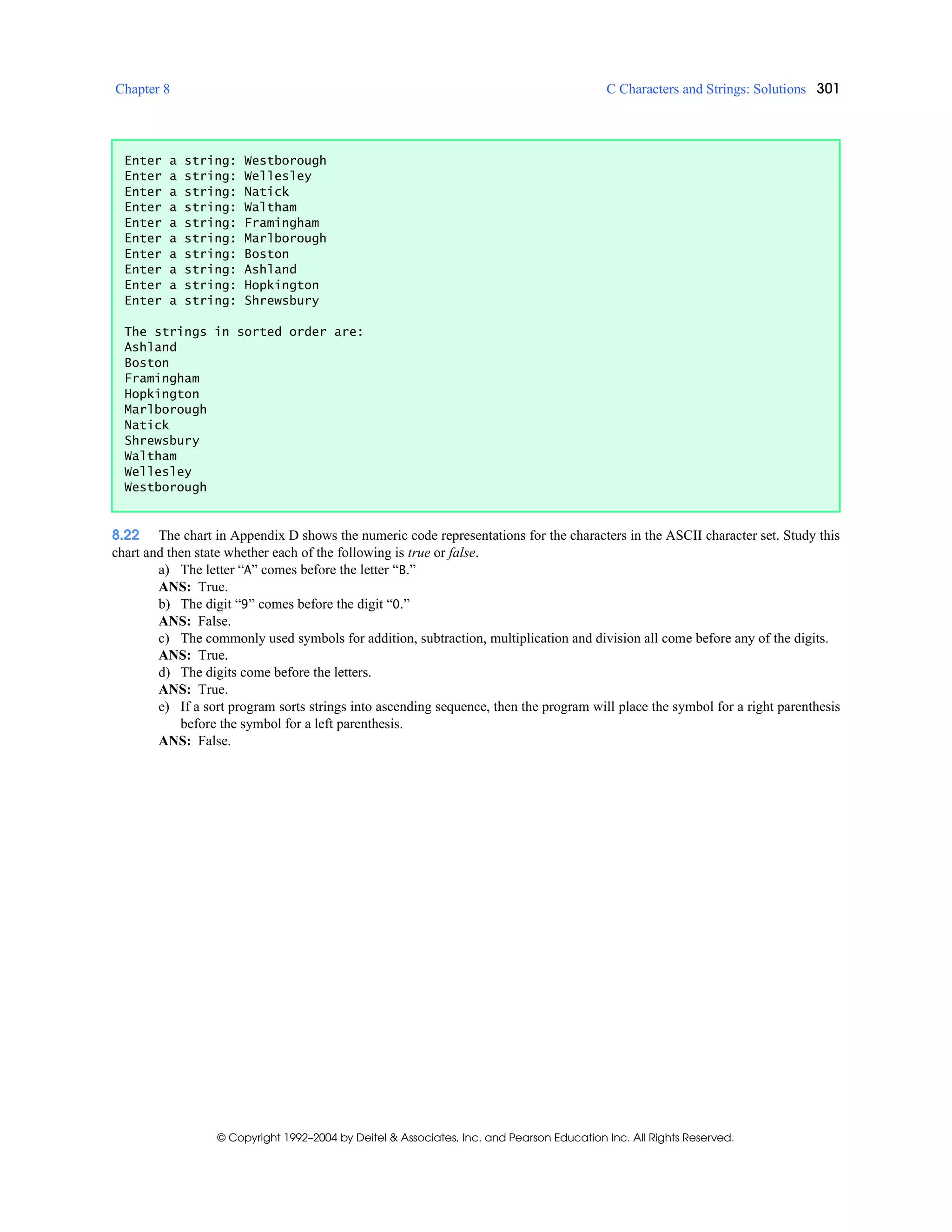 Chapter 8 C Characters and Strings: Solutions 301
© Copyright 1992–2004 by Deitel & Associates, Inc. and Pearson Education Inc. All Rights Reserved.
8.22 The chart in Appendix D shows the numeric code representations for the characters in the ASCII character set. Study this
chart and then state whether each of the following is true or false.
a) The letter “A” comes before the letter “B.”
ANS: True.
b) The digit “9” comes before the digit “0.”
ANS: False.
c) The commonly used symbols for addition, subtraction, multiplication and division all come before any of the digits.
ANS: True.
d) The digits come before the letters.
ANS: True.
e) If a sort program sorts strings into ascending sequence, then the program will place the symbol for a right parenthesis
before the symbol for a left parenthesis.
ANS: False.
Enter a string: Westborough
Enter a string: Wellesley
Enter a string: Natick
Enter a string: Waltham
Enter a string: Framingham
Enter a string: Marlborough
Enter a string: Boston
Enter a string: Ashland
Enter a string: Hopkington
Enter a string: Shrewsbury
The strings in sorted order are:
Ashland
Boston
Framingham
Hopkington
Marlborough
Natick
Shrewsbury
Waltham
Wellesley
Westborough
 
