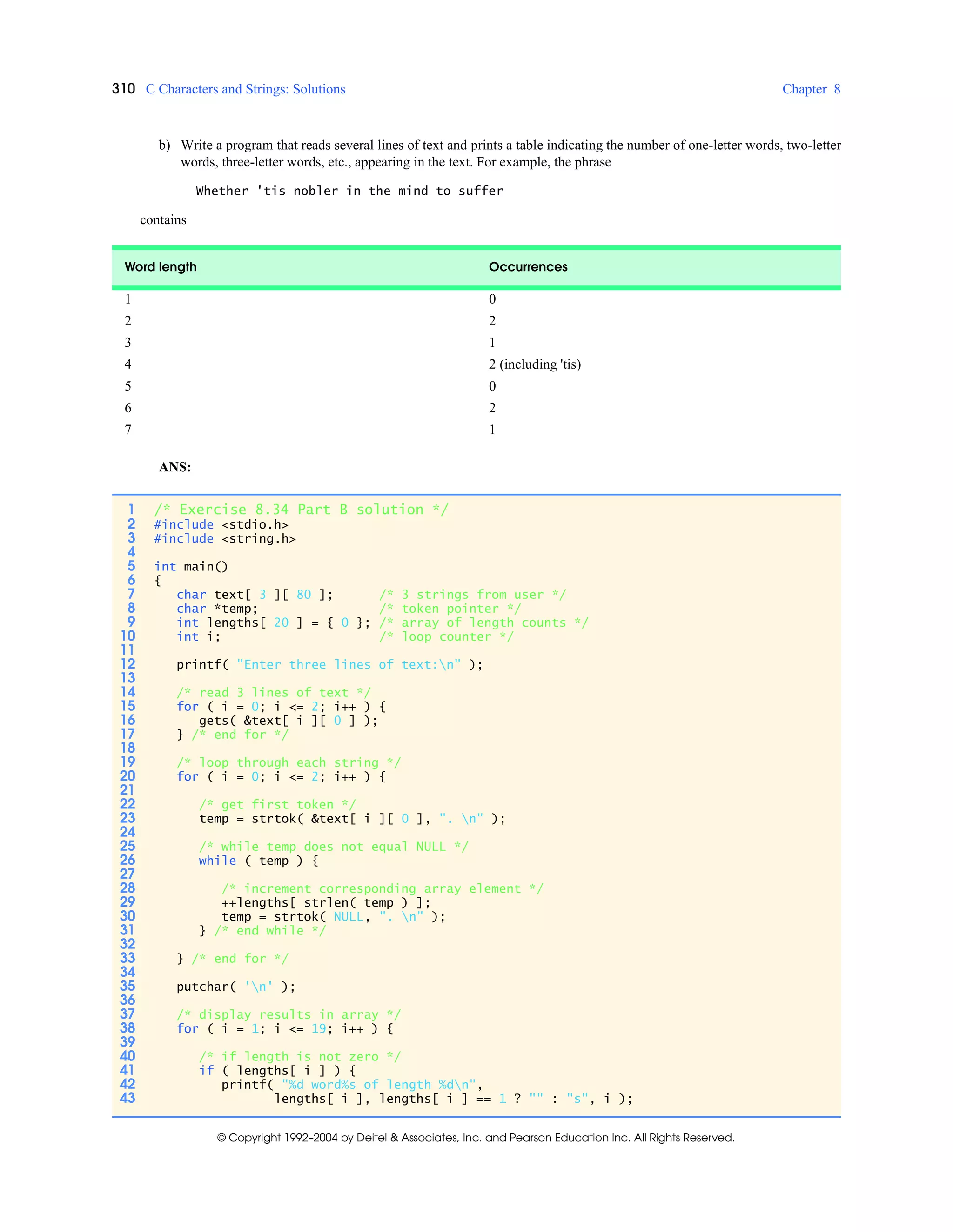 310 C Characters and Strings: Solutions Chapter 8
© Copyright 1992–2004 by Deitel & Associates, Inc. and Pearson Education Inc. All Rights Reserved.
b) Write a program that reads several lines of text and prints a table indicating the number of one-letter words, two-letter
words, three-letter words, etc., appearing in the text. For example, the phrase
Whether 'tis nobler in the mind to suffer
contains
ANS:
Word length Occurrences
1 0
2 2
3 1
4 2 (including 'tis)
5 0
6 2
7 1
1 /* Exercise 8.34 Part B solution */
2 #include <stdio.h>
3 #include <string.h>
4
5 int main()
6 {
7 char text[ 3 ][ 80 ]; /* 3 strings from user */
8 char *temp; /* token pointer */
9 int lengths[ 20 ] = { 0 }; /* array of length counts */
10 int i; /* loop counter */
11
12 printf( "Enter three lines of text:n" );
13
14 /* read 3 lines of text */
15 for ( i = 0; i <= 2; i++ ) {
16 gets( &text[ i ][ 0 ] );
17 } /* end for */
18
19 /* loop through each string */
20 for ( i = 0; i <= 2; i++ ) {
21
22 /* get first token */
23 temp = strtok( &text[ i ][ 0 ], ". n" );
24
25 /* while temp does not equal NULL */
26 while ( temp ) {
27
28 /* increment corresponding array element */
29 ++lengths[ strlen( temp ) ];
30 temp = strtok( NULL, ". n" );
31 } /* end while */
32
33 } /* end for */
34
35 putchar( 'n' );
36
37 /* display results in array */
38 for ( i = 1; i <= 19; i++ ) {
39
40 /* if length is not zero */
41 if ( lengths[ i ] ) {
42 printf( "%d word%s of length %dn",
43 lengths[ i ], lengths[ i ] == 1 ? "" : "s", i );
 