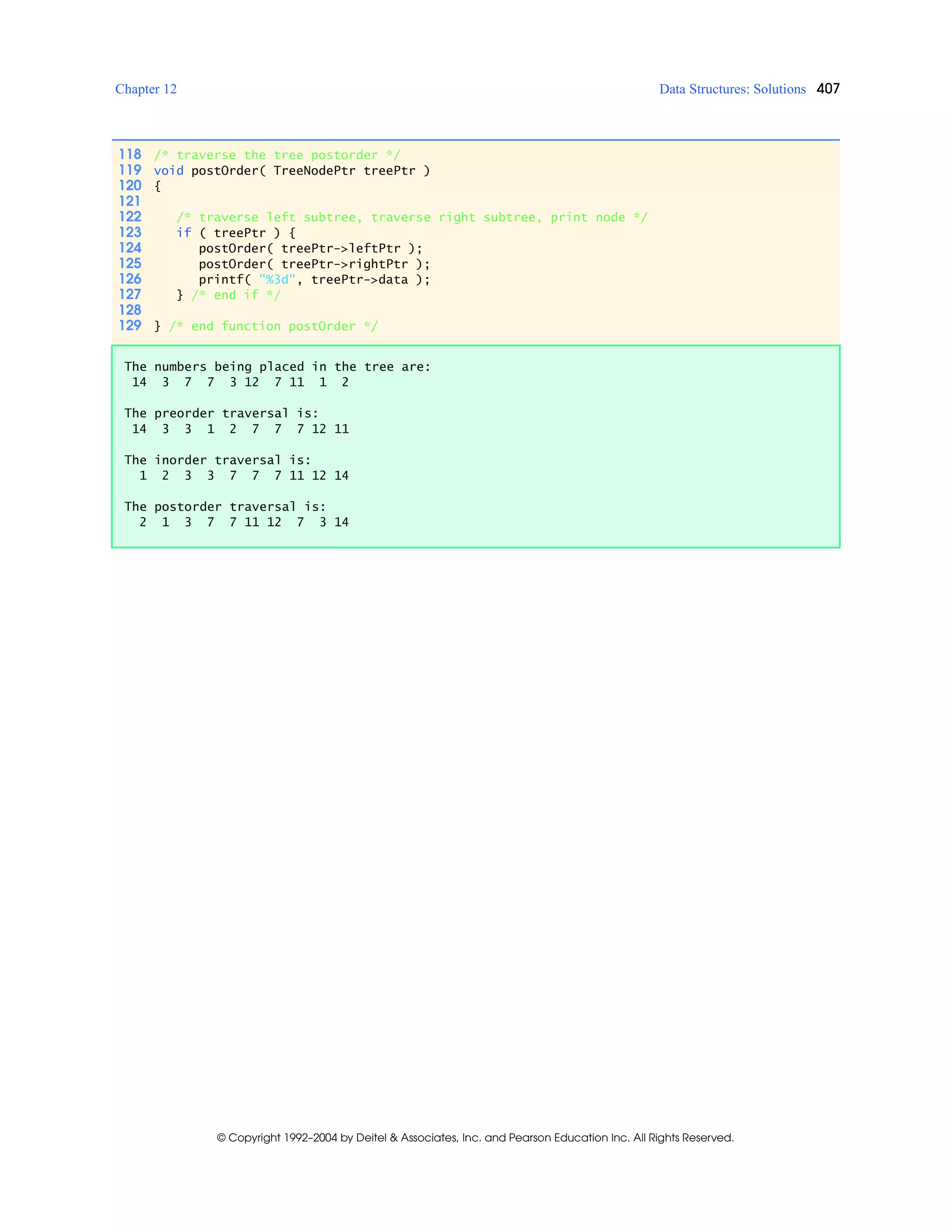 Chapter 12 Data Structures: Solutions 407
© Copyright 1992–2004 by Deitel & Associates, Inc. and Pearson Education Inc. All Rights Reserved.
118 /* traverse the tree postorder */
119 void postOrder( TreeNodePtr treePtr )
120 {
121
122 /* traverse left subtree, traverse right subtree, print node */
123 if ( treePtr ) {
124 postOrder( treePtr->leftPtr );
125 postOrder( treePtr->rightPtr );
126 printf( "%3d", treePtr->data );
127 } /* end if */
128
129 } /* end function postOrder */
The numbers being placed in the tree are:
14 3 7 7 3 12 7 11 1 2
The preorder traversal is:
14 3 3 1 2 7 7 7 12 11
The inorder traversal is:
1 2 3 3 7 7 7 11 12 14
The postorder traversal is:
2 1 3 7 7 11 12 7 3 14
 
