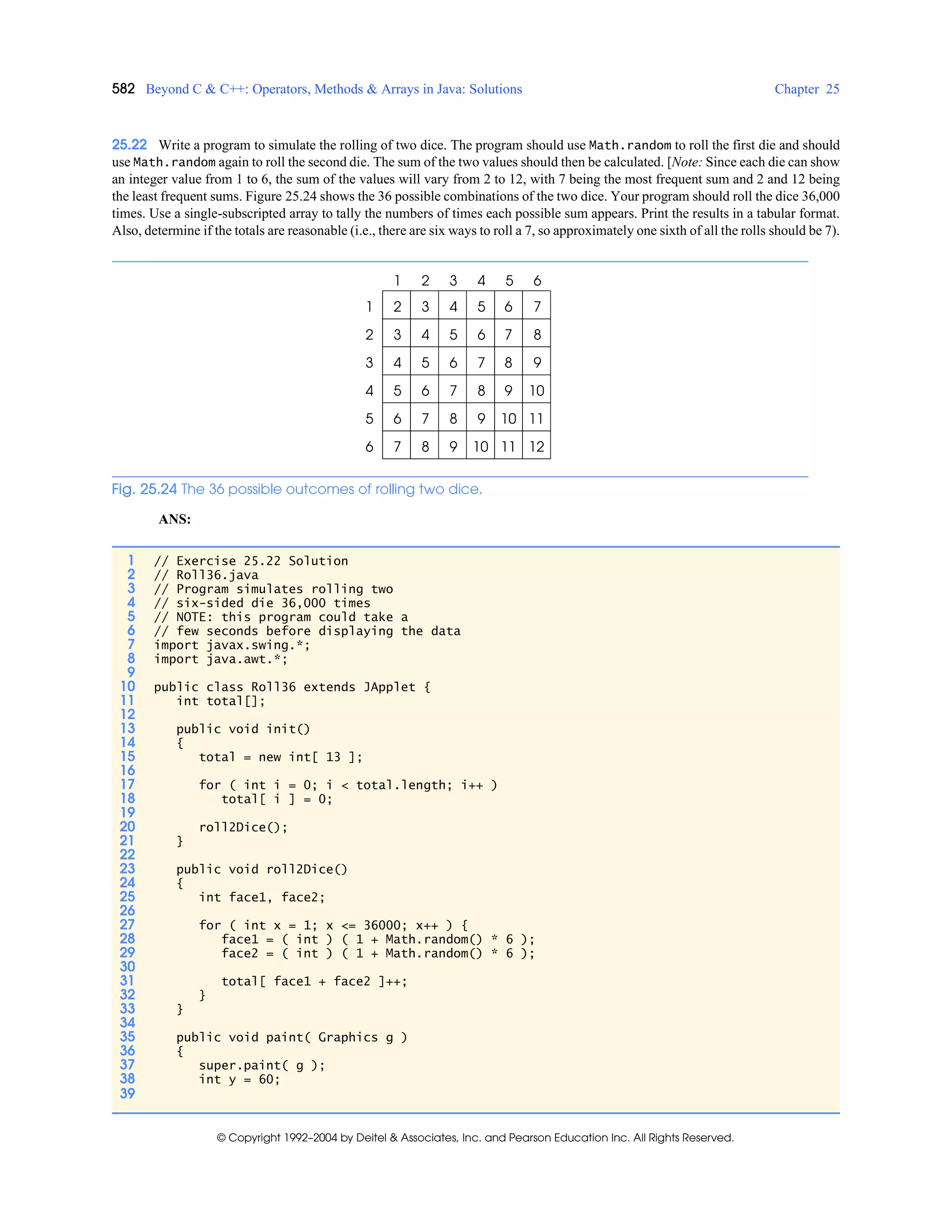 582 Beyond C & C++: Operators, Methods & Arrays in Java: Solutions Chapter 25
© Copyright 1992–2004 by Deitel & Associates, Inc. and Pearson Education Inc. All Rights Reserved.
25.22 Write a program to simulate the rolling of two dice. The program should use Math.random to roll the first die and should
use Math.random again to roll the second die. The sum of the two values should then be calculated. [Note: Since each die can show
an integer value from 1 to 6, the sum of the values will vary from 2 to 12, with 7 being the most frequent sum and 2 and 12 being
the least frequent sums. Figure 25.24 shows the 36 possible combinations of the two dice. Your program should roll the dice 36,000
times. Use a single-subscripted array to tally the numbers of times each possible sum appears. Print the results in a tabular format.
Also, determine if the totals are reasonable (i.e., there are six ways to roll a 7, so approximately one sixth of all the rolls should be 7).
Fig. 25.24 The 36 possible outcomes of rolling two dice.
ANS:
1 // Exercise 25.22 Solution
2 // Roll36.java
3 // Program simulates rolling two
4 // six-sided die 36,000 times
5 // NOTE: this program could take a
6 // few seconds before displaying the data
7 import javax.swing.*;
8 import java.awt.*;
9
10 public class Roll36 extends JApplet {
11 int total[];
12
13 public void init()
14 {
15 total = new int[ 13 ];
16
17 for ( int i = 0; i < total.length; i++ )
18 total[ i ] = 0;
19
20 roll2Dice();
21 }
22
23 public void roll2Dice()
24 {
25 int face1, face2;
26
27 for ( int x = 1; x <= 36000; x++ ) {
28 face1 = ( int ) ( 1 + Math.random() * 6 );
29 face2 = ( int ) ( 1 + Math.random() * 6 );
30
31 total[ face1 + face2 ]++;
32 }
33 }
34
35 public void paint( Graphics g )
36 {
37 super.paint( g );
38 int y = 60;
39
1 2 3 4 5 6
1
2
3
4
5
6
876543
765432
1098765
987654
987
6 7 8
10
9 10 11
11 12
 