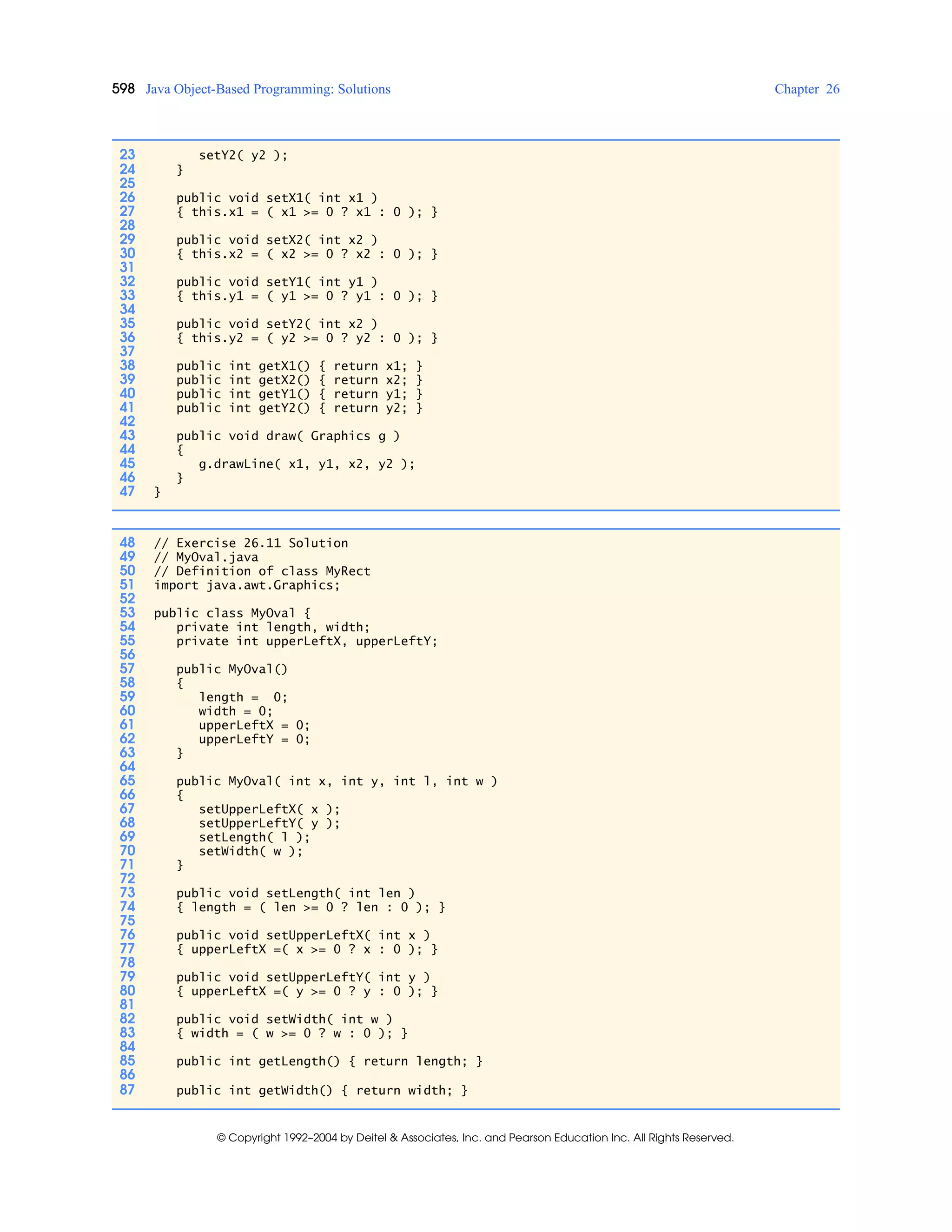 598 Java Object-Based Programming: Solutions Chapter 26
© Copyright 1992–2004 by Deitel & Associates, Inc. and Pearson Education Inc. All Rights Reserved.
23 setY2( y2 );
24 }
25
26 public void setX1( int x1 )
27 { this.x1 = ( x1 >= 0 ? x1 : 0 ); }
28
29 public void setX2( int x2 )
30 { this.x2 = ( x2 >= 0 ? x2 : 0 ); }
31
32 public void setY1( int y1 )
33 { this.y1 = ( y1 >= 0 ? y1 : 0 ); }
34
35 public void setY2( int x2 )
36 { this.y2 = ( y2 >= 0 ? y2 : 0 ); }
37
38 public int getX1() { return x1; }
39 public int getX2() { return x2; }
40 public int getY1() { return y1; }
41 public int getY2() { return y2; }
42
43 public void draw( Graphics g )
44 {
45 g.drawLine( x1, y1, x2, y2 );
46 }
47 }
48 // Exercise 26.11 Solution
49 // MyOval.java
50 // Definition of class MyRect
51 import java.awt.Graphics;
52
53 public class MyOval {
54 private int length, width;
55 private int upperLeftX, upperLeftY;
56
57 public MyOval()
58 {
59 length = 0;
60 width = 0;
61 upperLeftX = 0;
62 upperLeftY = 0;
63 }
64
65 public MyOval( int x, int y, int l, int w )
66 {
67 setUpperLeftX( x );
68 setUpperLeftY( y );
69 setLength( l );
70 setWidth( w );
71 }
72
73 public void setLength( int len )
74 { length = ( len >= 0 ? len : 0 ); }
75
76 public void setUpperLeftX( int x )
77 { upperLeftX =( x >= 0 ? x : 0 ); }
78
79 public void setUpperLeftY( int y )
80 { upperLeftX =( y >= 0 ? y : 0 ); }
81
82 public void setWidth( int w )
83 { width = ( w >= 0 ? w : 0 ); }
84
85 public int getLength() { return length; }
86
87 public int getWidth() { return width; }
 