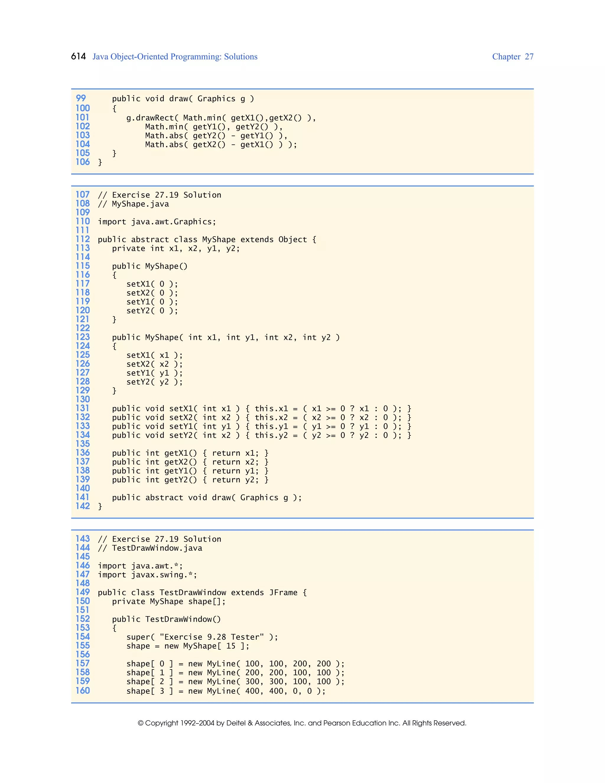 614 Java Object-Oriented Programming: Solutions Chapter 27
© Copyright 1992–2004 by Deitel & Associates, Inc. and Pearson Education Inc. All Rights Reserved.
99 public void draw( Graphics g )
100 {
101 g.drawRect( Math.min( getX1(),getX2() ),
102 Math.min( getY1(), getY2() ),
103 Math.abs( getY2() - getY1() ),
104 Math.abs( getX2() - getX1() ) );
105 }
106 }
107 // Exercise 27.19 Solution
108 // MyShape.java
109
110 import java.awt.Graphics;
111
112 public abstract class MyShape extends Object {
113 private int x1, x2, y1, y2;
114
115 public MyShape()
116 {
117 setX1( 0 );
118 setX2( 0 );
119 setY1( 0 );
120 setY2( 0 );
121 }
122
123 public MyShape( int x1, int y1, int x2, int y2 )
124 {
125 setX1( x1 );
126 setX2( x2 );
127 setY1( y1 );
128 setY2( y2 );
129 }
130
131 public void setX1( int x1 ) { this.x1 = ( x1 >= 0 ? x1 : 0 ); }
132 public void setX2( int x2 ) { this.x2 = ( x2 >= 0 ? x2 : 0 ); }
133 public void setY1( int y1 ) { this.y1 = ( y1 >= 0 ? y1 : 0 ); }
134 public void setY2( int x2 ) { this.y2 = ( y2 >= 0 ? y2 : 0 ); }
135
136 public int getX1() { return x1; }
137 public int getX2() { return x2; }
138 public int getY1() { return y1; }
139 public int getY2() { return y2; }
140
141 public abstract void draw( Graphics g );
142 }
143 // Exercise 27.19 Solution
144 // TestDrawWindow.java
145
146 import java.awt.*;
147 import javax.swing.*;
148
149 public class TestDrawWindow extends JFrame {
150 private MyShape shape[];
151
152 public TestDrawWindow()
153 {
154 super( "Exercise 9.28 Tester" );
155 shape = new MyShape[ 15 ];
156
157 shape[ 0 ] = new MyLine( 100, 100, 200, 200 );
158 shape[ 1 ] = new MyLine( 200, 200, 100, 100 );
159 shape[ 2 ] = new MyLine( 300, 300, 100, 100 );
160 shape[ 3 ] = new MyLine( 400, 400, 0, 0 );
 