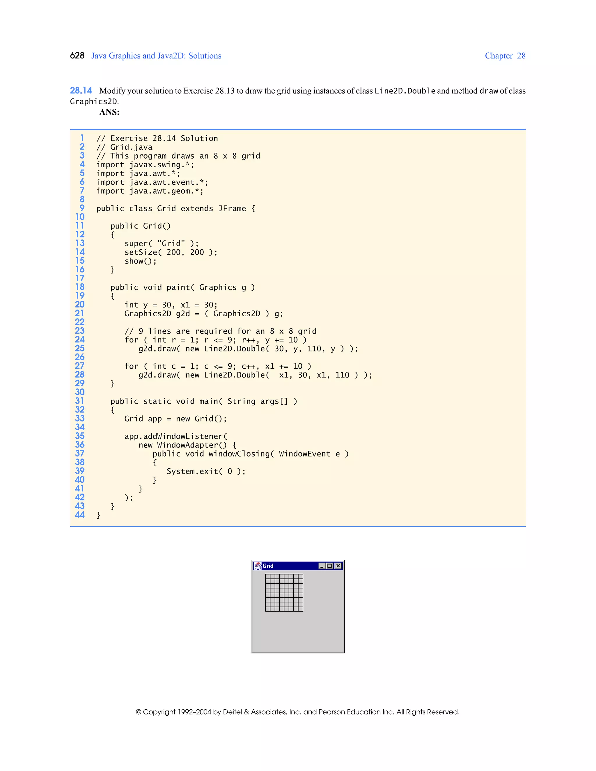628 Java Graphics and Java2D: Solutions Chapter 28
© Copyright 1992–2004 by Deitel & Associates, Inc. and Pearson Education Inc. All Rights Reserved.
28.14 Modify your solution to Exercise 28.13 to draw the grid using instances of class Line2D.Double and method draw of class
Graphics2D.
ANS:
1 // Exercise 28.14 Solution
2 // Grid.java
3 // This program draws an 8 x 8 grid
4 import javax.swing.*;
5 import java.awt.*;
6 import java.awt.event.*;
7 import java.awt.geom.*;
8
9 public class Grid extends JFrame {
10
11 public Grid()
12 {
13 super( "Grid" );
14 setSize( 200, 200 );
15 show();
16 }
17
18 public void paint( Graphics g )
19 {
20 int y = 30, x1 = 30;
21 Graphics2D g2d = ( Graphics2D ) g;
22
23 // 9 lines are required for an 8 x 8 grid
24 for ( int r = 1; r <= 9; r++, y += 10 )
25 g2d.draw( new Line2D.Double( 30, y, 110, y ) );
26
27 for ( int c = 1; c <= 9; c++, x1 += 10 )
28 g2d.draw( new Line2D.Double( x1, 30, x1, 110 ) );
29 }
30
31 public static void main( String args[] )
32 {
33 Grid app = new Grid();
34
35 app.addWindowListener(
36 new WindowAdapter() {
37 public void windowClosing( WindowEvent e )
38 {
39 System.exit( 0 );
40 }
41 }
42 );
43 }
44 }
 
