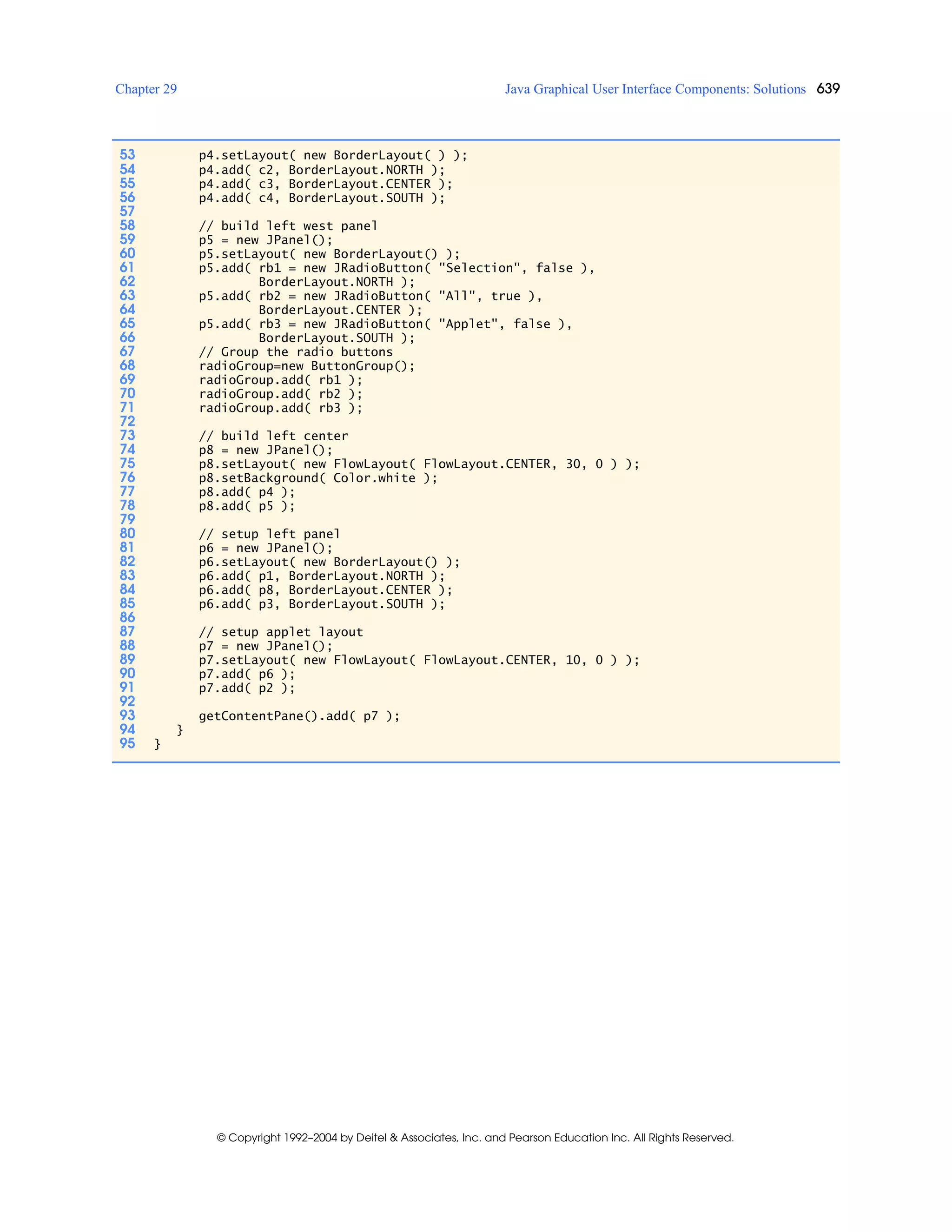 Chapter 29 Java Graphical User Interface Components: Solutions 639
© Copyright 1992–2004 by Deitel & Associates, Inc. and Pearson Education Inc. All Rights Reserved.
53 p4.setLayout( new BorderLayout( ) );
54 p4.add( c2, BorderLayout.NORTH );
55 p4.add( c3, BorderLayout.CENTER );
56 p4.add( c4, BorderLayout.SOUTH );
57
58 // build left west panel
59 p5 = new JPanel();
60 p5.setLayout( new BorderLayout() );
61 p5.add( rb1 = new JRadioButton( "Selection", false ),
62 BorderLayout.NORTH );
63 p5.add( rb2 = new JRadioButton( "All", true ),
64 BorderLayout.CENTER );
65 p5.add( rb3 = new JRadioButton( "Applet", false ),
66 BorderLayout.SOUTH );
67 // Group the radio buttons
68 radioGroup=new ButtonGroup();
69 radioGroup.add( rb1 );
70 radioGroup.add( rb2 );
71 radioGroup.add( rb3 );
72
73 // build left center
74 p8 = new JPanel();
75 p8.setLayout( new FlowLayout( FlowLayout.CENTER, 30, 0 ) );
76 p8.setBackground( Color.white );
77 p8.add( p4 );
78 p8.add( p5 );
79
80 // setup left panel
81 p6 = new JPanel();
82 p6.setLayout( new BorderLayout() );
83 p6.add( p1, BorderLayout.NORTH );
84 p6.add( p8, BorderLayout.CENTER );
85 p6.add( p3, BorderLayout.SOUTH );
86
87 // setup applet layout
88 p7 = new JPanel();
89 p7.setLayout( new FlowLayout( FlowLayout.CENTER, 10, 0 ) );
90 p7.add( p6 );
91 p7.add( p2 );
92
93 getContentPane().add( p7 );
94 }
95 }
 