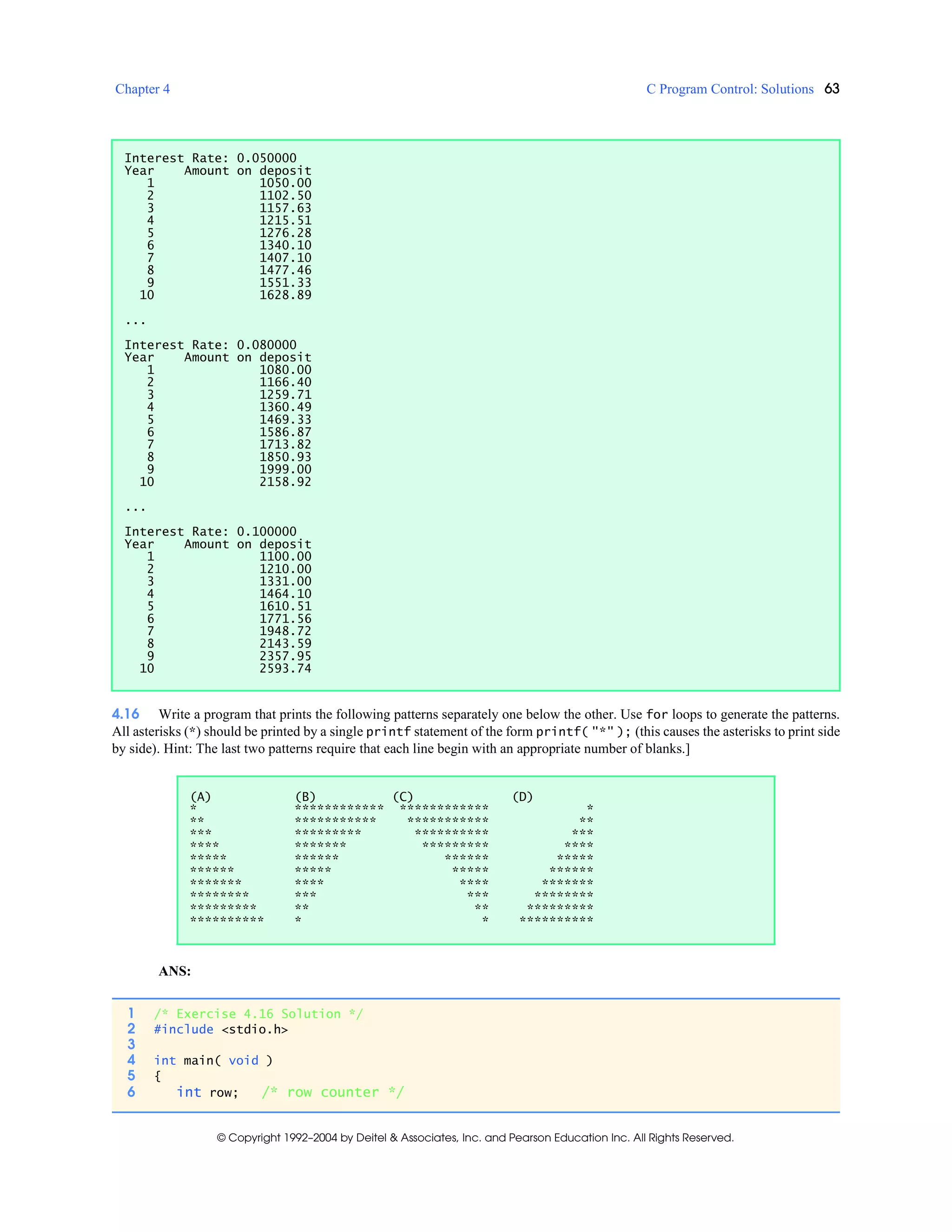 Chapter 4 C Program Control: Solutions 63
© Copyright 1992–2004 by Deitel & Associates, Inc. and Pearson Education Inc. All Rights Reserved.
4.16 Write a program that prints the following patterns separately one below the other. Use for loops to generate the patterns.
All asterisks (*) should be printed by a single printf statement of the form printf( "*" ); (this causes the asterisks to print side
by side). Hint: The last two patterns require that each line begin with an appropriate number of blanks.]
ANS:
Interest Rate: 0.050000
Year Amount on deposit
1 1050.00
2 1102.50
3 1157.63
4 1215.51
5 1276.28
6 1340.10
7 1407.10
8 1477.46
9 1551.33
10 1628.89
...
Interest Rate: 0.080000
Year Amount on deposit
1 1080.00
2 1166.40
3 1259.71
4 1360.49
5 1469.33
6 1586.87
7 1713.82
8 1850.93
9 1999.00
10 2158.92
...
Interest Rate: 0.100000
Year Amount on deposit
1 1100.00
2 1210.00
3 1331.00
4 1464.10
5 1610.51
6 1771.56
7 1948.72
8 2143.59
9 2357.95
10 2593.74
(A) (B) (C) (D)
* ************ ************ *
** *********** *********** **
*** ********* ********** ***
**** ******* ********* ****
***** ****** ****** *****
****** ***** ***** ******
******* **** **** *******
******** *** *** ********
********* ** ** *********
********** * * **********
1 /* Exercise 4.16 Solution */
2 #include <stdio.h>
3
4 int main( void )
5 {
6 int row; /* row counter */
 