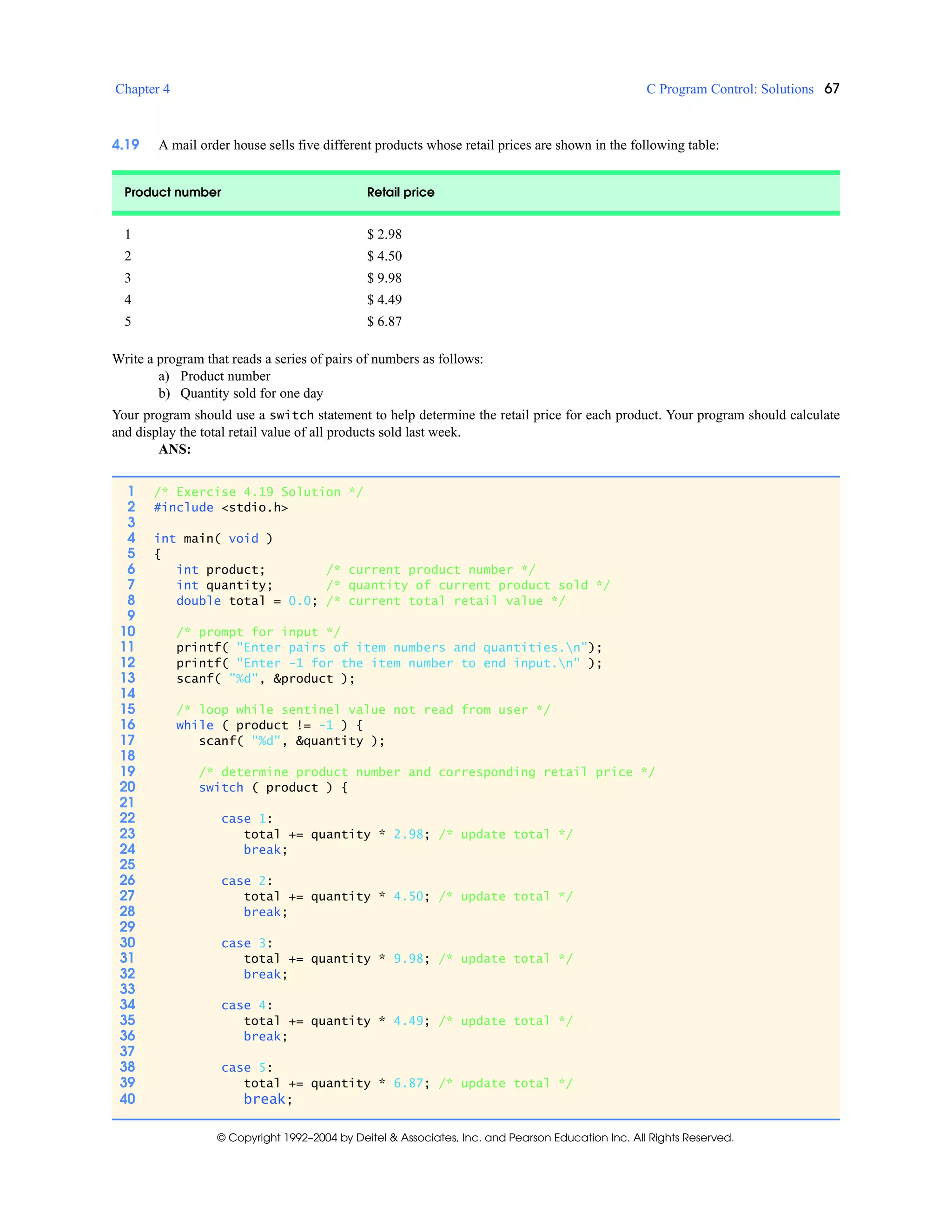 Chapter 4 C Program Control: Solutions 67
© Copyright 1992–2004 by Deitel & Associates, Inc. and Pearson Education Inc. All Rights Reserved.
4.19 A mail order house sells five different products whose retail prices are shown in the following table:
Write a program that reads a series of pairs of numbers as follows:
a) Product number
b) Quantity sold for one day
Your program should use a switch statement to help determine the retail price for each product. Your program should calculate
and display the total retail value of all products sold last week.
ANS:
Product number Retail price
1 $ 2.98
2 $ 4.50
3 $ 9.98
4 $ 4.49
5 $ 6.87
1 /* Exercise 4.19 Solution */
2 #include <stdio.h>
3
4 int main( void )
5 {
6 int product; /* current product number */
7 int quantity; /* quantity of current product sold */
8 double total = 0.0; /* current total retail value */
9
10 /* prompt for input */
11 printf( "Enter pairs of item numbers and quantities.n");
12 printf( "Enter -1 for the item number to end input.n" );
13 scanf( "%d", &product );
14
15 /* loop while sentinel value not read from user */
16 while ( product != -1 ) {
17 scanf( "%d", &quantity );
18
19 /* determine product number and corresponding retail price */
20 switch ( product ) {
21
22 case 1:
23 total += quantity * 2.98; /* update total */
24 break;
25
26 case 2:
27 total += quantity * 4.50; /* update total */
28 break;
29
30 case 3:
31 total += quantity * 9.98; /* update total */
32 break;
33
34 case 4:
35 total += quantity * 4.49; /* update total */
36 break;
37
38 case 5:
39 total += quantity * 6.87; /* update total */
40 break;
 