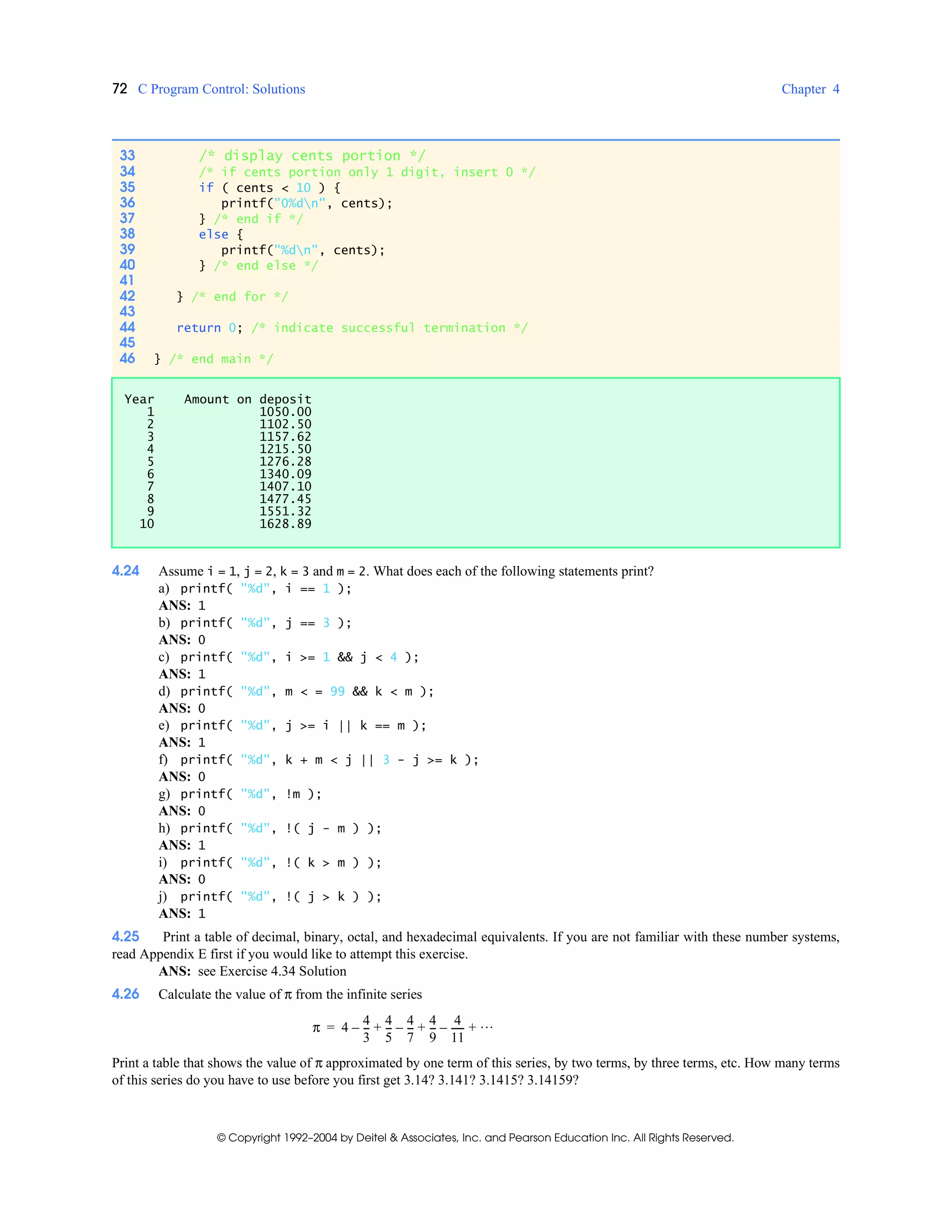 72 C Program Control: Solutions Chapter 4
© Copyright 1992–2004 by Deitel & Associates, Inc. and Pearson Education Inc. All Rights Reserved.
4.24 Assume i = 1, j = 2, k = 3 and m = 2. What does each of the following statements print?
a) printf( "%d", i == 1 );
ANS: 1
b) printf( "%d", j == 3 );
ANS: 0
c) printf( "%d", i >= 1 && j < 4 );
ANS: 1
d) printf( "%d", m < = 99 && k < m );
ANS: 0
e) printf( "%d", j >= i || k == m );
ANS: 1
f) printf( "%d", k + m < j || 3 - j >= k );
ANS: 0
g) printf( "%d", !m );
ANS: 0
h) printf( "%d", !( j - m ) );
ANS: 1
i) printf( "%d", !( k > m ) );
ANS: 0
j) printf( "%d", !( j > k ) );
ANS: 1
4.25 Print a table of decimal, binary, octal, and hexadecimal equivalents. If you are not familiar with these number systems,
read Appendix E first if you would like to attempt this exercise.
ANS: see Exercise 4.34 Solution
4.26 Calculate the value of π from the infinite series
Print a table that shows the value of π approximated by one term of this series, by two terms, by three terms, etc. How many terms
of this series do you have to use before you first get 3.14? 3.141? 3.1415? 3.14159?
33 /* display cents portion */
34 /* if cents portion only 1 digit, insert 0 */
35 if ( cents < 10 ) {
36 printf("0%dn", cents);
37 } /* end if */
38 else {
39 printf("%dn", cents);
40 } /* end else */
41
42 } /* end for */
43
44 return 0; /* indicate successful termination */
45
46 } /* end main */
Year Amount on deposit
1 1050.00
2 1102.50
3 1157.62
4 1215.50
5 1276.28
6 1340.09
7 1407.10
8 1477.45
9 1551.32
10 1628.89
π 4
4
3
---–
4
5
---
4
7
---–
4
9
---
4
11
------– …+ + +=
 