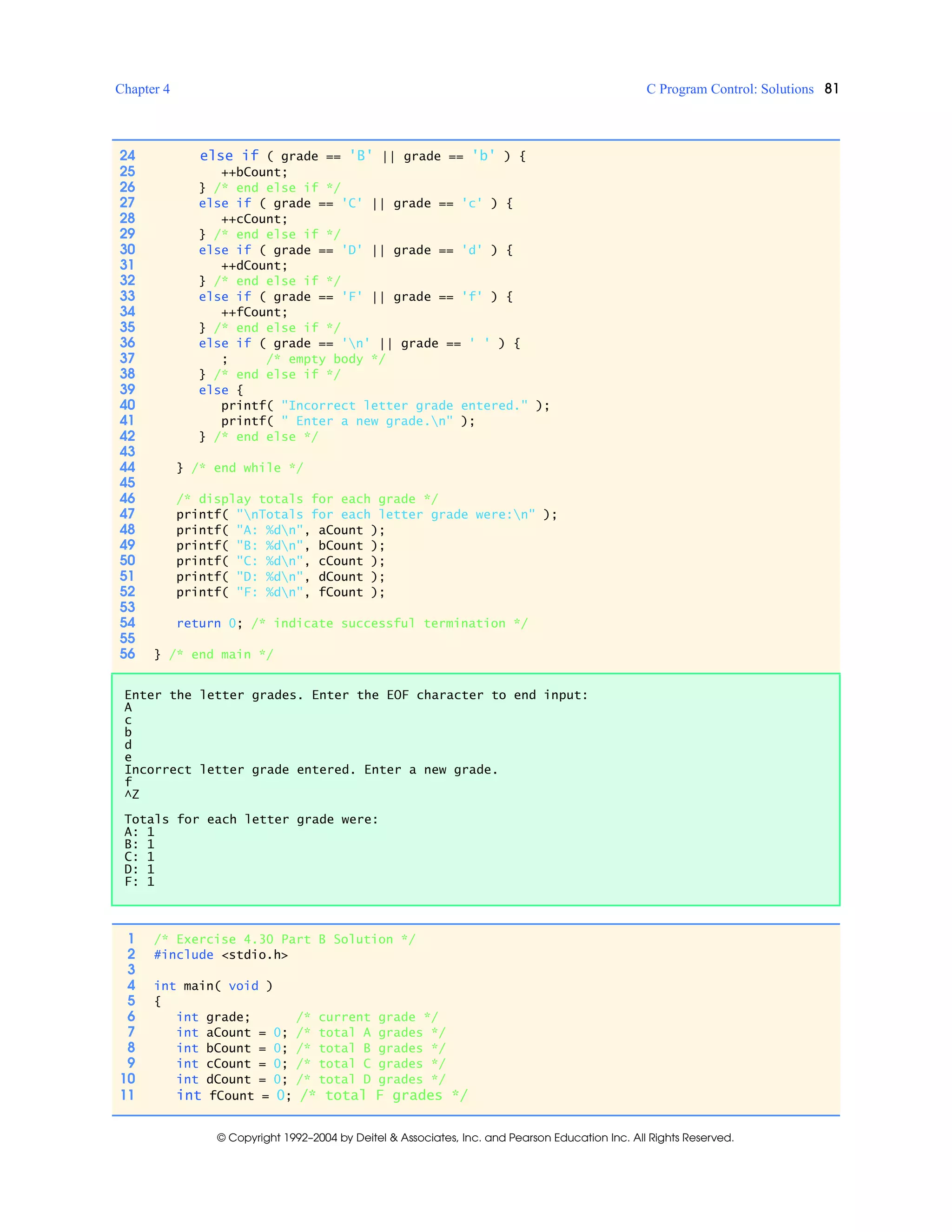 Chapter 4 C Program Control: Solutions 81
© Copyright 1992–2004 by Deitel & Associates, Inc. and Pearson Education Inc. All Rights Reserved.
24 else if ( grade == 'B' || grade == 'b' ) {
25 ++bCount;
26 } /* end else if */
27 else if ( grade == 'C' || grade == 'c' ) {
28 ++cCount;
29 } /* end else if */
30 else if ( grade == 'D' || grade == 'd' ) {
31 ++dCount;
32 } /* end else if */
33 else if ( grade == 'F' || grade == 'f' ) {
34 ++fCount;
35 } /* end else if */
36 else if ( grade == 'n' || grade == ' ' ) {
37 ; /* empty body */
38 } /* end else if */
39 else {
40 printf( "Incorrect letter grade entered." );
41 printf( " Enter a new grade.n" );
42 } /* end else */
43
44 } /* end while */
45
46 /* display totals for each grade */
47 printf( "nTotals for each letter grade were:n" );
48 printf( "A: %dn", aCount );
49 printf( "B: %dn", bCount );
50 printf( "C: %dn", cCount );
51 printf( "D: %dn", dCount );
52 printf( "F: %dn", fCount );
53
54 return 0; /* indicate successful termination */
55
56 } /* end main */
Enter the letter grades. Enter the EOF character to end input:
A
c
b
d
e
Incorrect letter grade entered. Enter a new grade.
f
^Z
Totals for each letter grade were:
A: 1
B: 1
C: 1
D: 1
F: 1
1 /* Exercise 4.30 Part B Solution */
2 #include <stdio.h>
3
4 int main( void )
5 {
6 int grade; /* current grade */
7 int aCount = 0; /* total A grades */
8 int bCount = 0; /* total B grades */
9 int cCount = 0; /* total C grades */
10 int dCount = 0; /* total D grades */
11 int fCount = 0; /* total F grades */
 