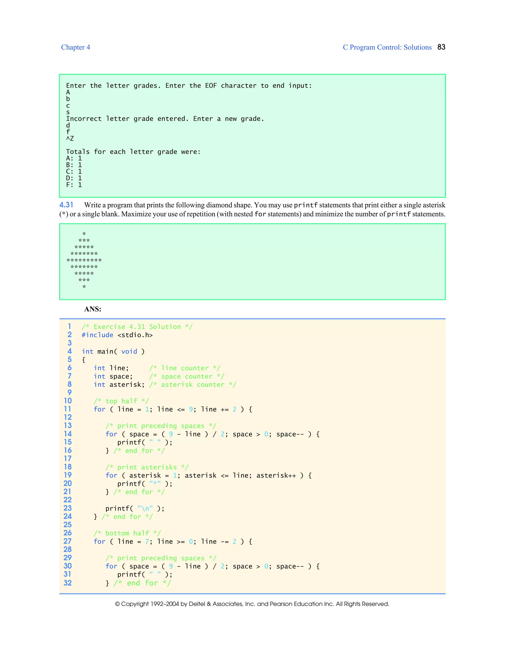 Chapter 4 C Program Control: Solutions 83
© Copyright 1992–2004 by Deitel & Associates, Inc. and Pearson Education Inc. All Rights Reserved.
4.31 Write a program that prints the following diamond shape. You may use printf statements that print either a single asterisk
(*) or a single blank. Maximize your use of repetition (with nested for statements) and minimize the number of printf statements.
ANS:
Enter the letter grades. Enter the EOF character to end input:
A
b
c
s
Incorrect letter grade entered. Enter a new grade.
d
f
^Z
Totals for each letter grade were:
A: 1
B: 1
C: 1
D: 1
F: 1
*
***
*****
*******
*********
*******
*****
***
*
1 /* Exercise 4.31 Solution */
2 #include <stdio.h>
3
4 int main( void )
5 {
6 int line; /* line counter */
7 int space; /* space counter */
8 int asterisk; /* asterisk counter */
9
10 /* top half */
11 for ( line = 1; line <= 9; line += 2 ) {
12
13 /* print preceding spaces */
14 for ( space = ( 9 - line ) / 2; space > 0; space-- ) {
15 printf( " " );
16 } /* end for */
17
18 /* print asterisks */
19 for ( asterisk = 1; asterisk <= line; asterisk++ ) {
20 printf( "*" );
21 } /* end for */
22
23 printf( "n" );
24 } /* end for */
25
26 /* bottom half */
27 for ( line = 7; line >= 0; line -= 2 ) {
28
29 /* print preceding spaces */
30 for ( space = ( 9 - line ) / 2; space > 0; space-- ) {
31 printf( " " );
32 } /* end for */
 